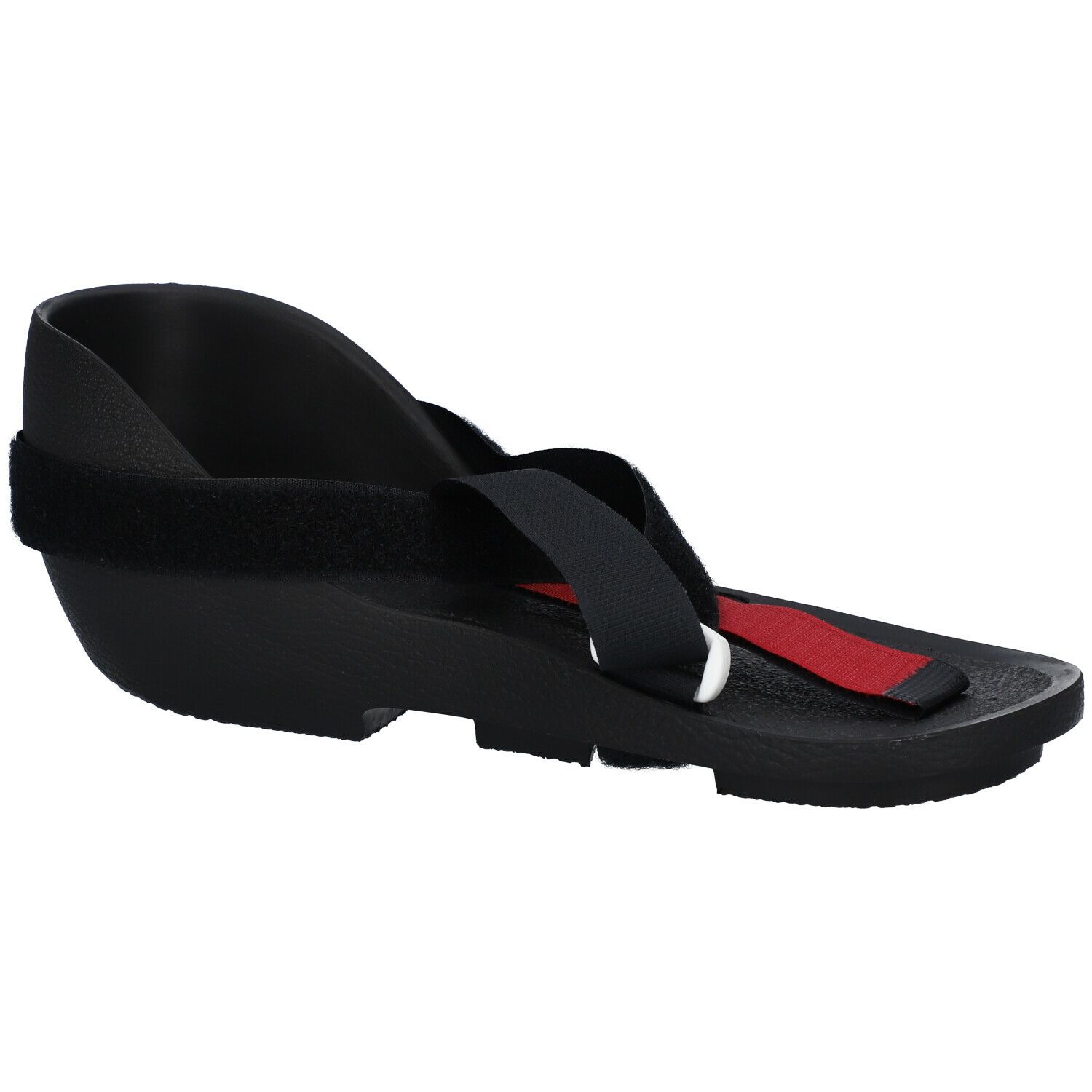 Shoecast noir, vue latérale. Sangles velcro. Insert rouge. Semelle profilée.