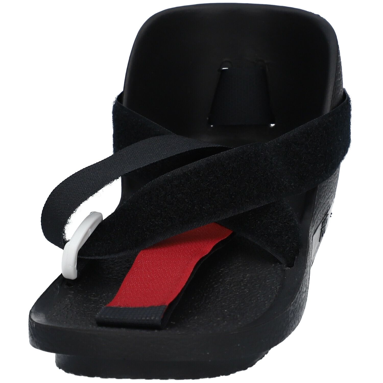 Shoecast noir. Sangles velcro. Insert rouge. Semelle profilée.