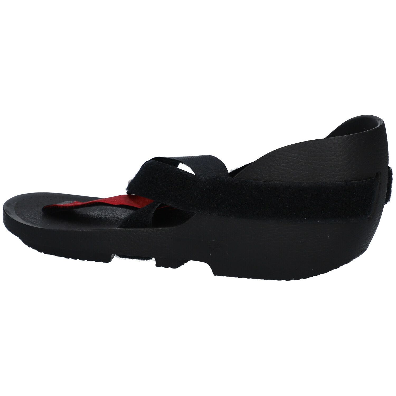 Shoecast, vue latérale. Matériau noir. Sangles velcro. Semelle profilée.