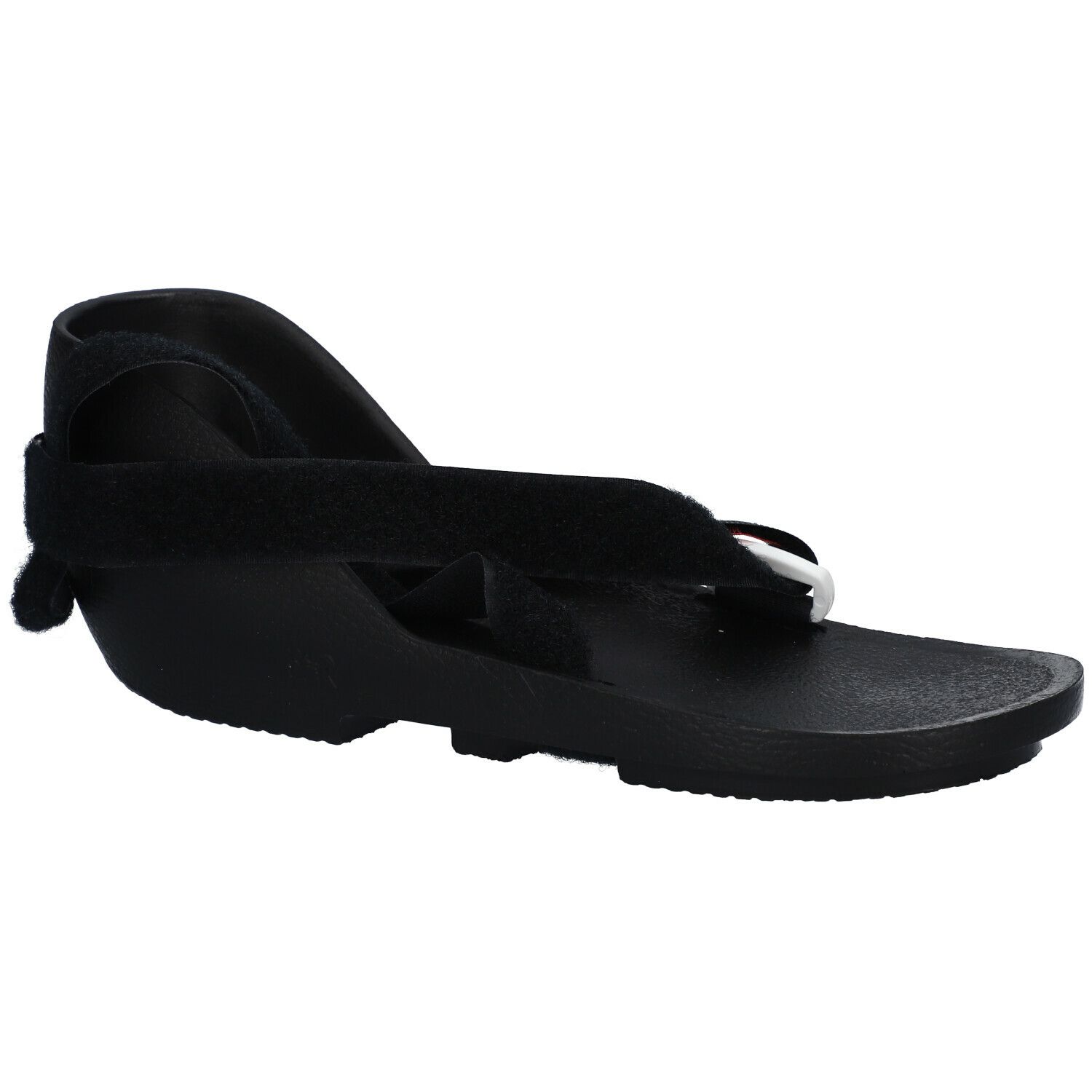 Chaussure noire, fermeture velcro. Vue latérale.
