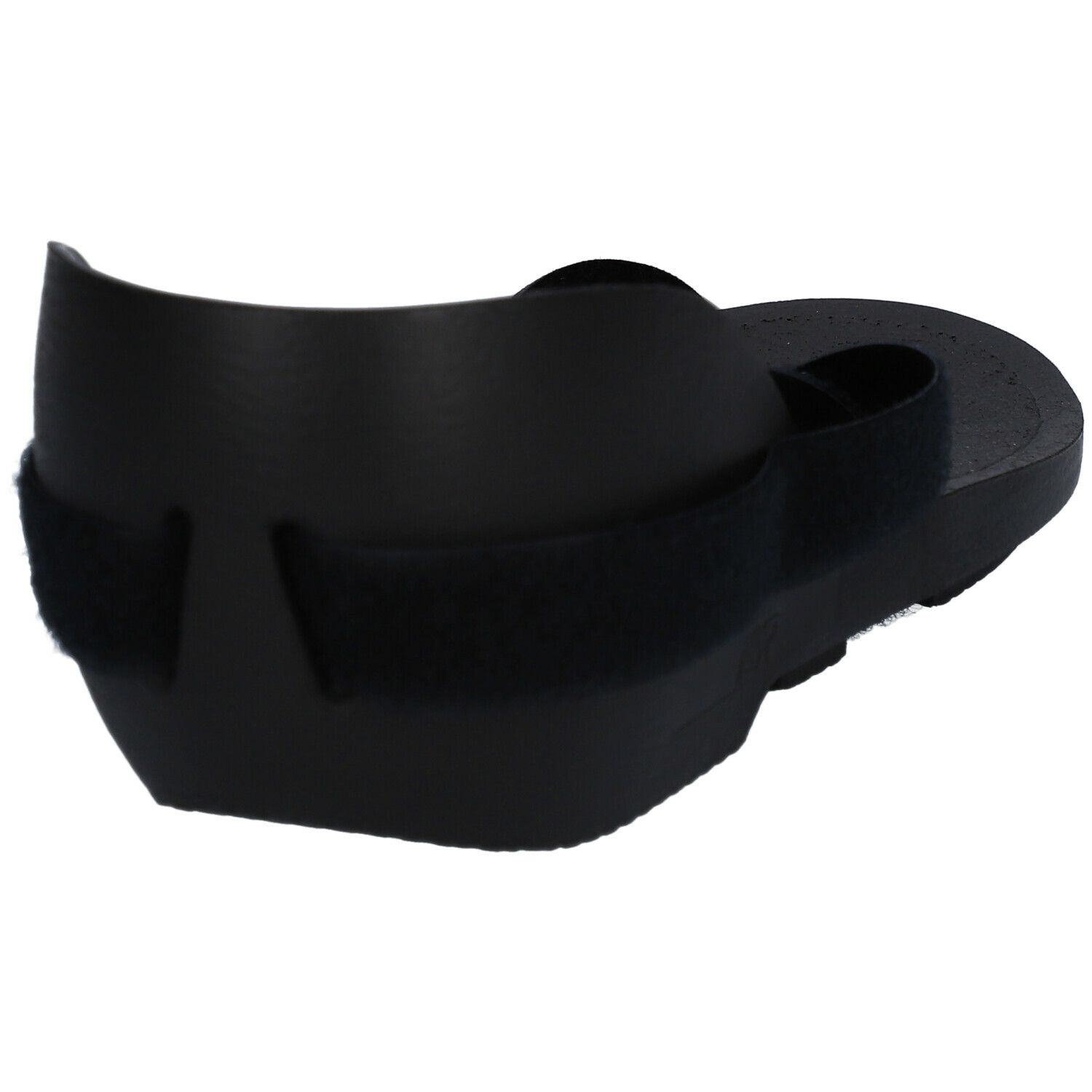 Vue arrière d'un Shoecast noir avec fermeture velcro. Semelle profilée et support de talon.