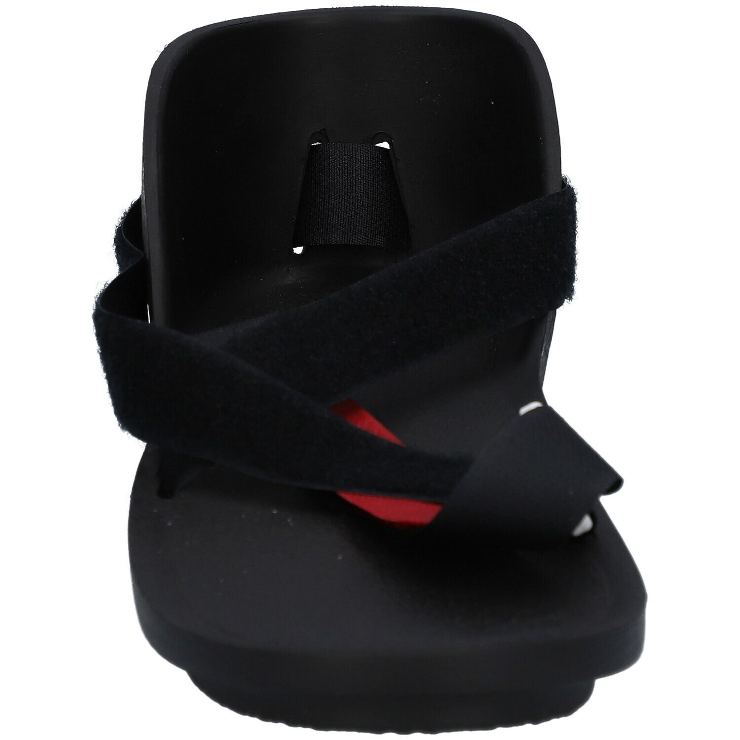 Shoecast noir avec fermeture velcro et accent rouge. Semelle profilée et support de talon.