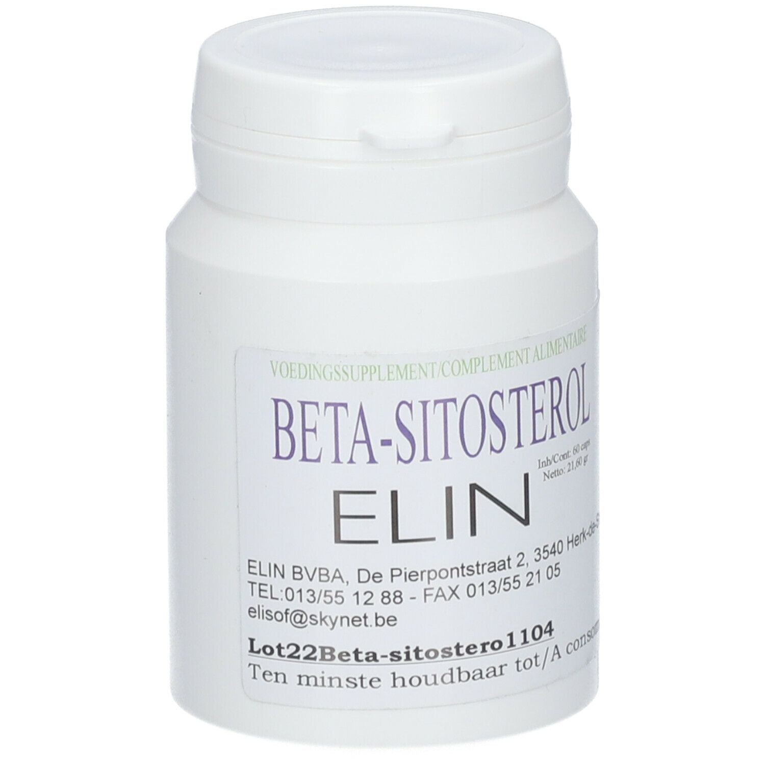Weiße Flasche mit Etikett. Aufschrift: Beta-Sitosterol ELIN. 60 Kapseln.