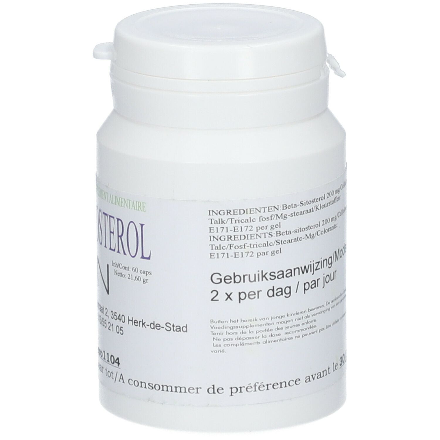 Weiße Flasche mit Etikett. Aufschrift: Beta-Sitosterol ELIN. 60 Kapseln. Dosierung: 2x täglich.