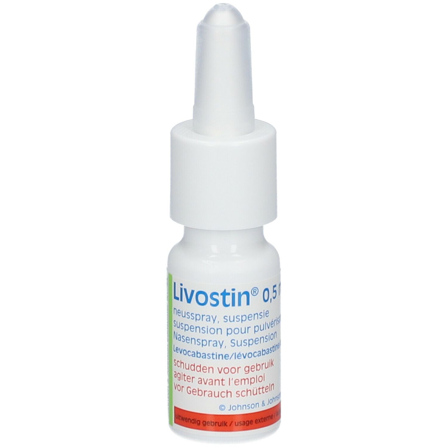 Witte neussprayfles met sproeikop. Opschrift: Livostin 0,5 mg/ml. Tekst in meerdere talen.