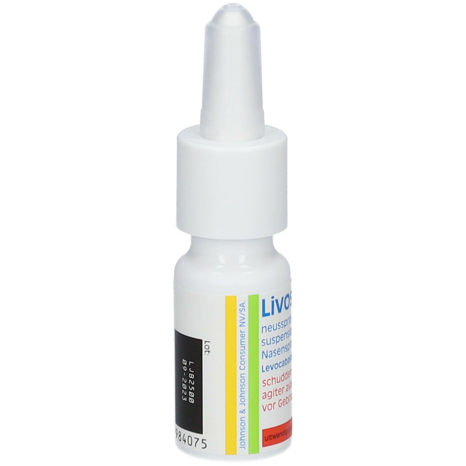Witte neussprayfles met sproeikop. Opschrift: Livostin. Sticker met lotnummer en vervaldatum.