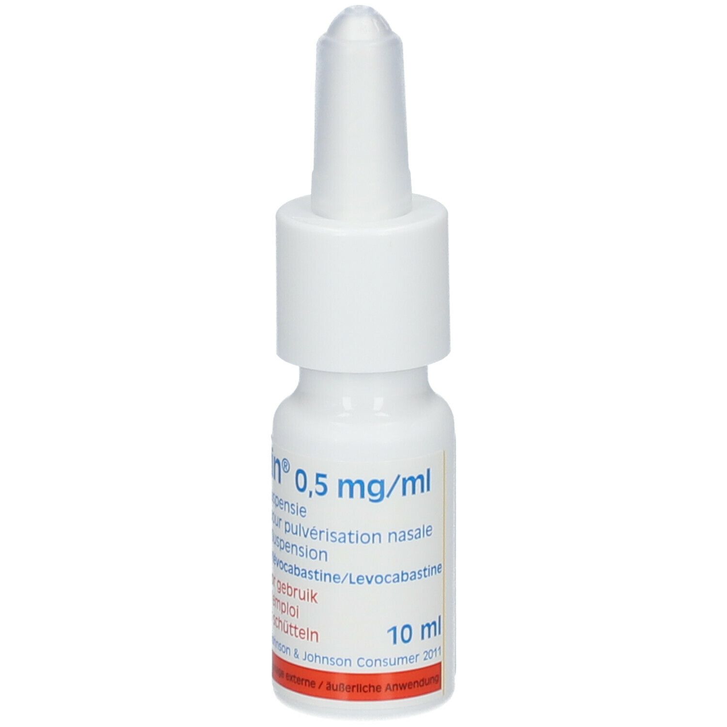 Witte neussprayfles met sproeikop. Opschrift: Livostin 0,5 mg/ml. Tekst in meerdere talen. Volume: 10 ml.