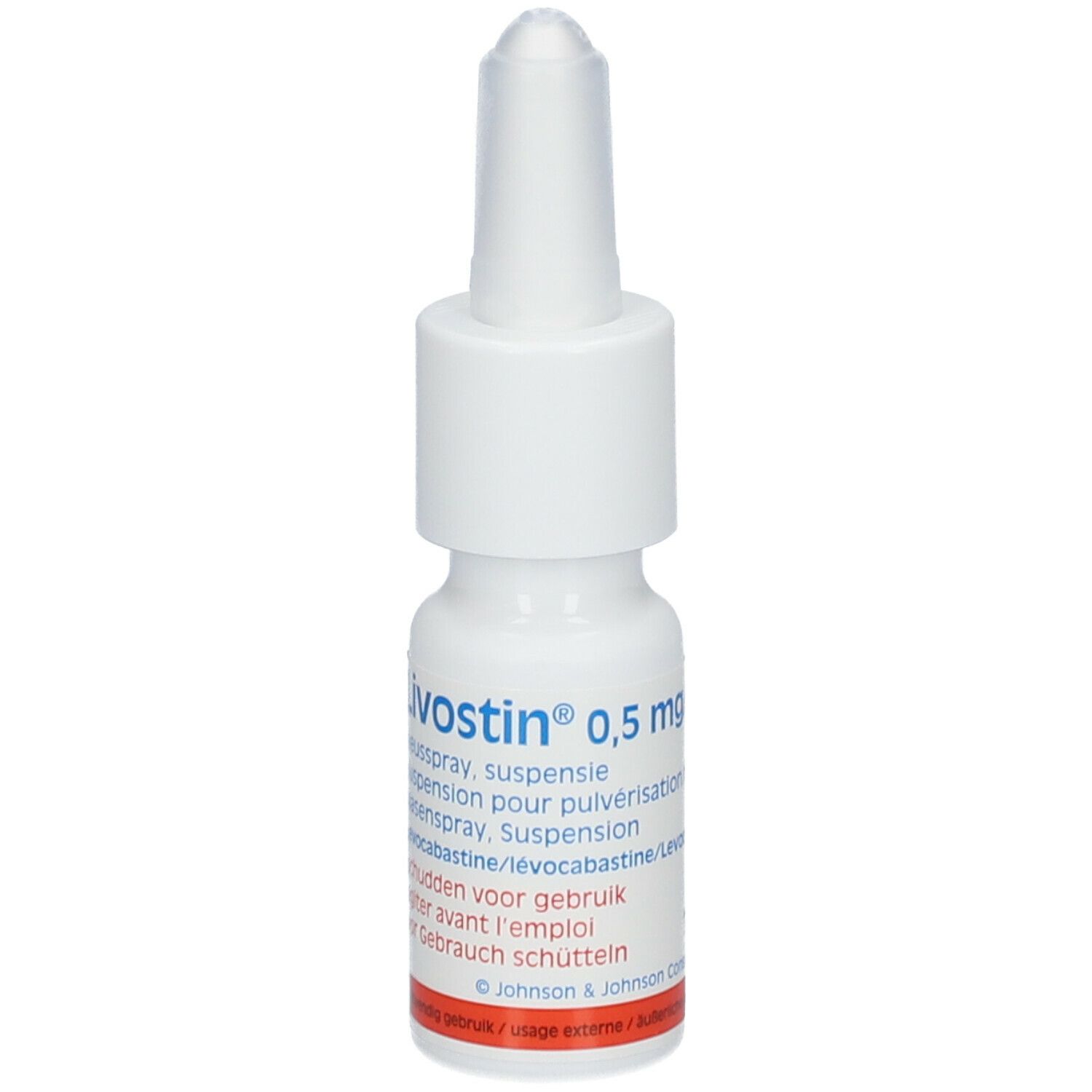 Witte neussprayfles met sproeikop. Opschrift: Livostin 0,5 mg/ml. Tekst in meerdere talen.