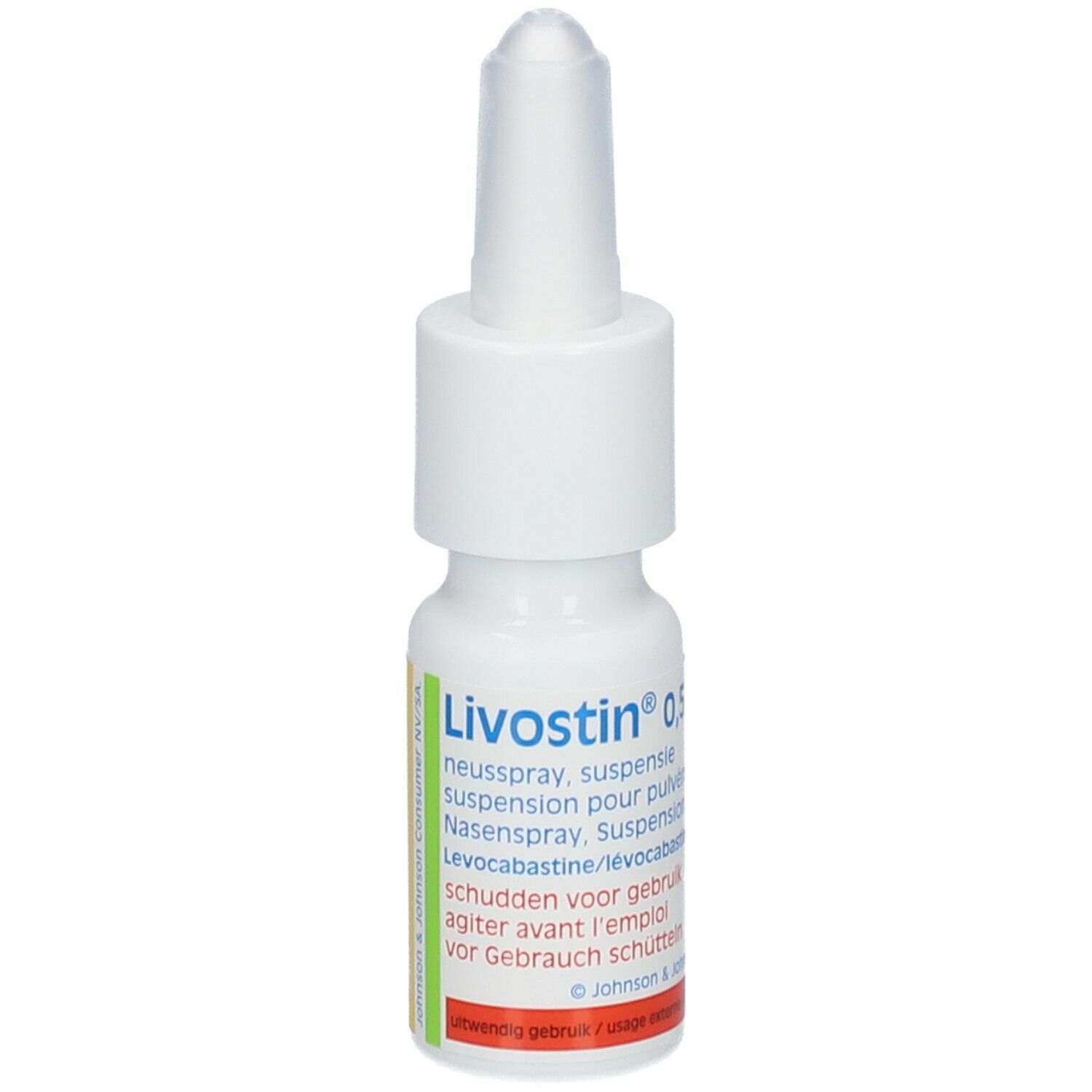Witte neussprayfles met sproeikop. Opschrift: Livostin 0,5 mg/ml. Tekst in meerdere talen.