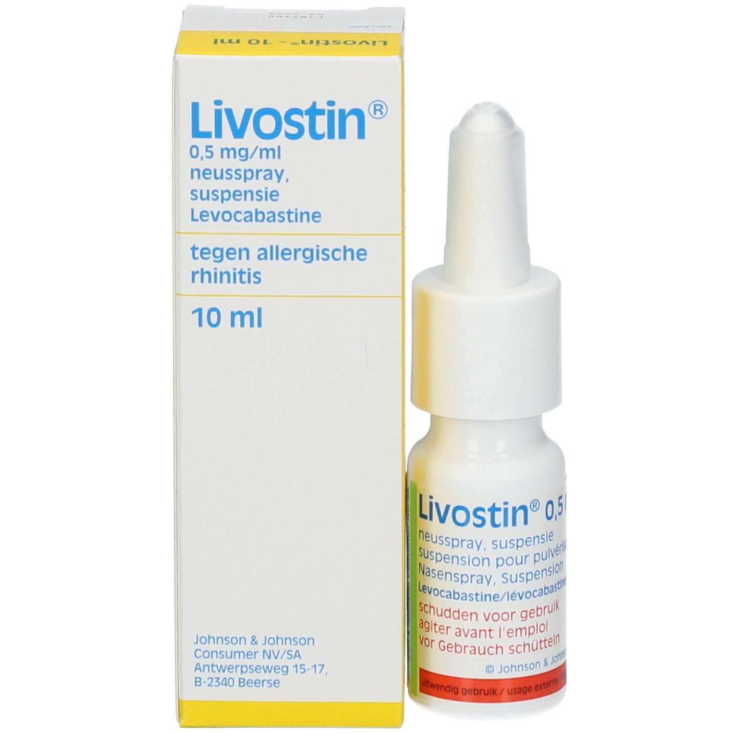 Neussprayfles en doosje. Opschrift: Livostin 0,5 mg/ml. Tekst in meerdere talen. Volume: 10 ml.