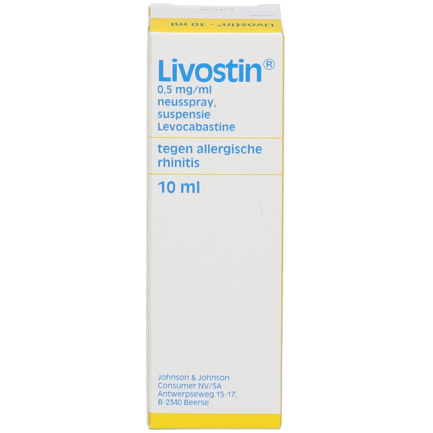 Doosje met neussprayfles. Opschrift: Livostin 0,5 mg/ml. Tekst in meerdere talen. Volume: 10 ml.