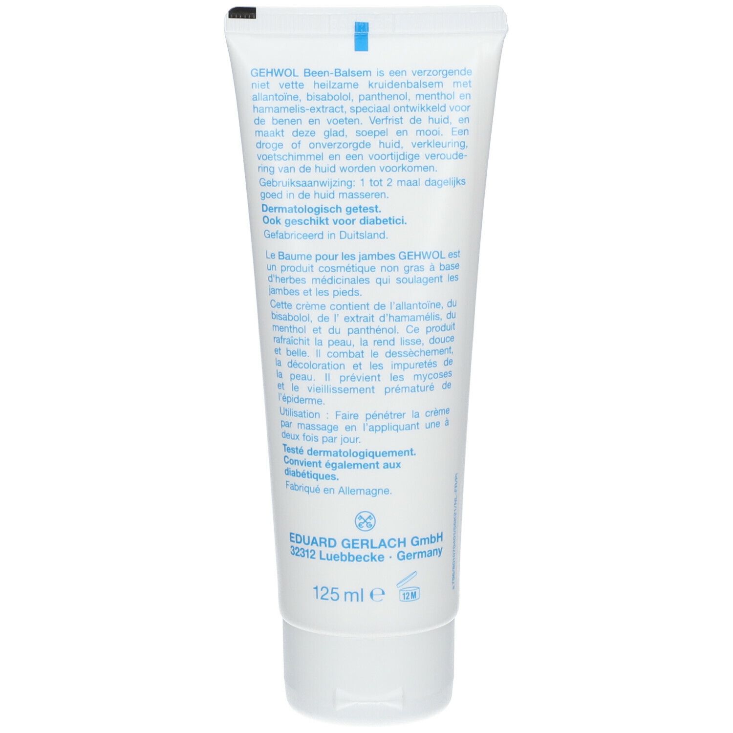 Achterkant van een witte tube. Tekst in meerdere talen. Fabrikantinformatie en volume-aanduiding: 125 ml.