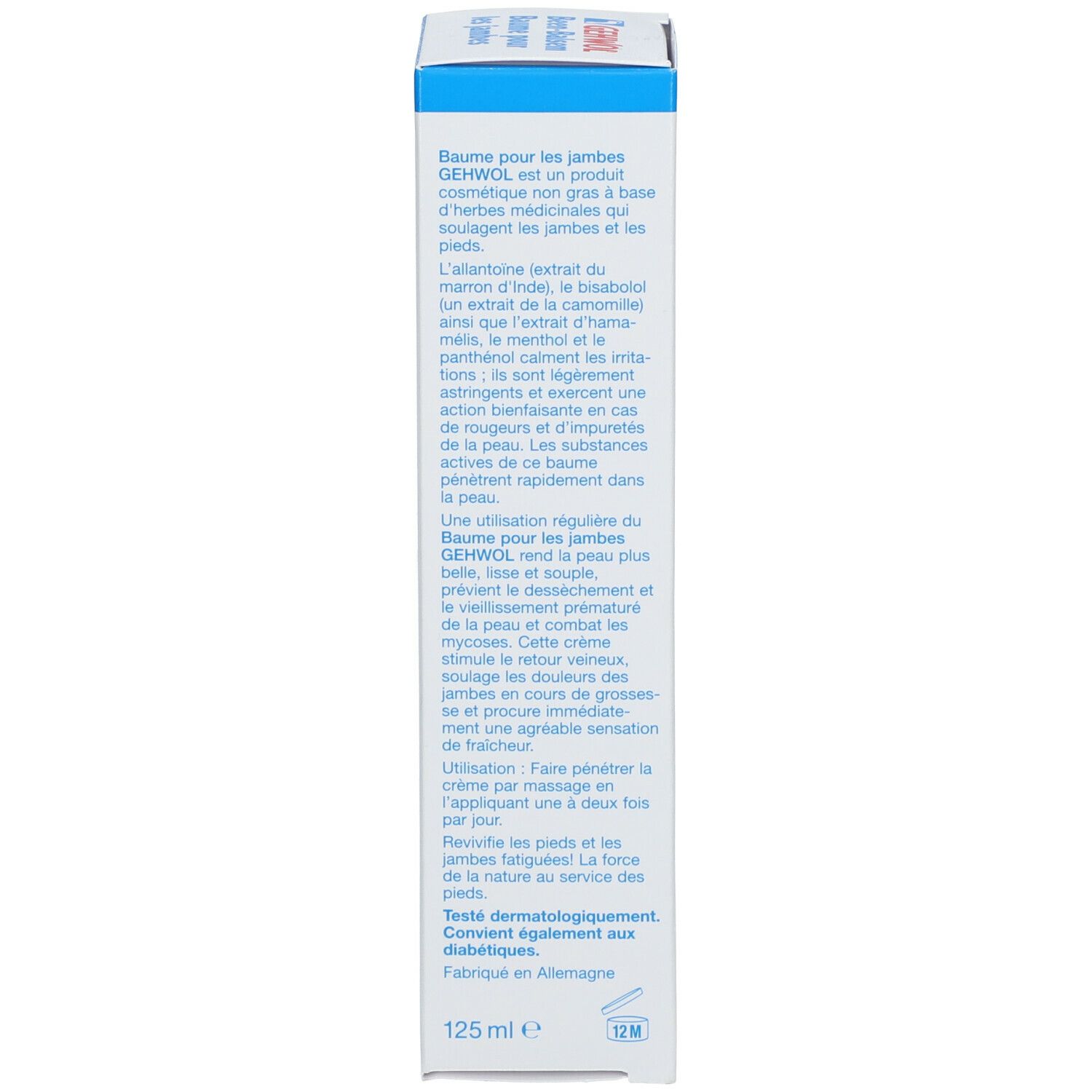 Doos met productinformatie. Tekst in meerdere talen. Fabrikantinformatie en volume-aanduiding: 125 ml.
