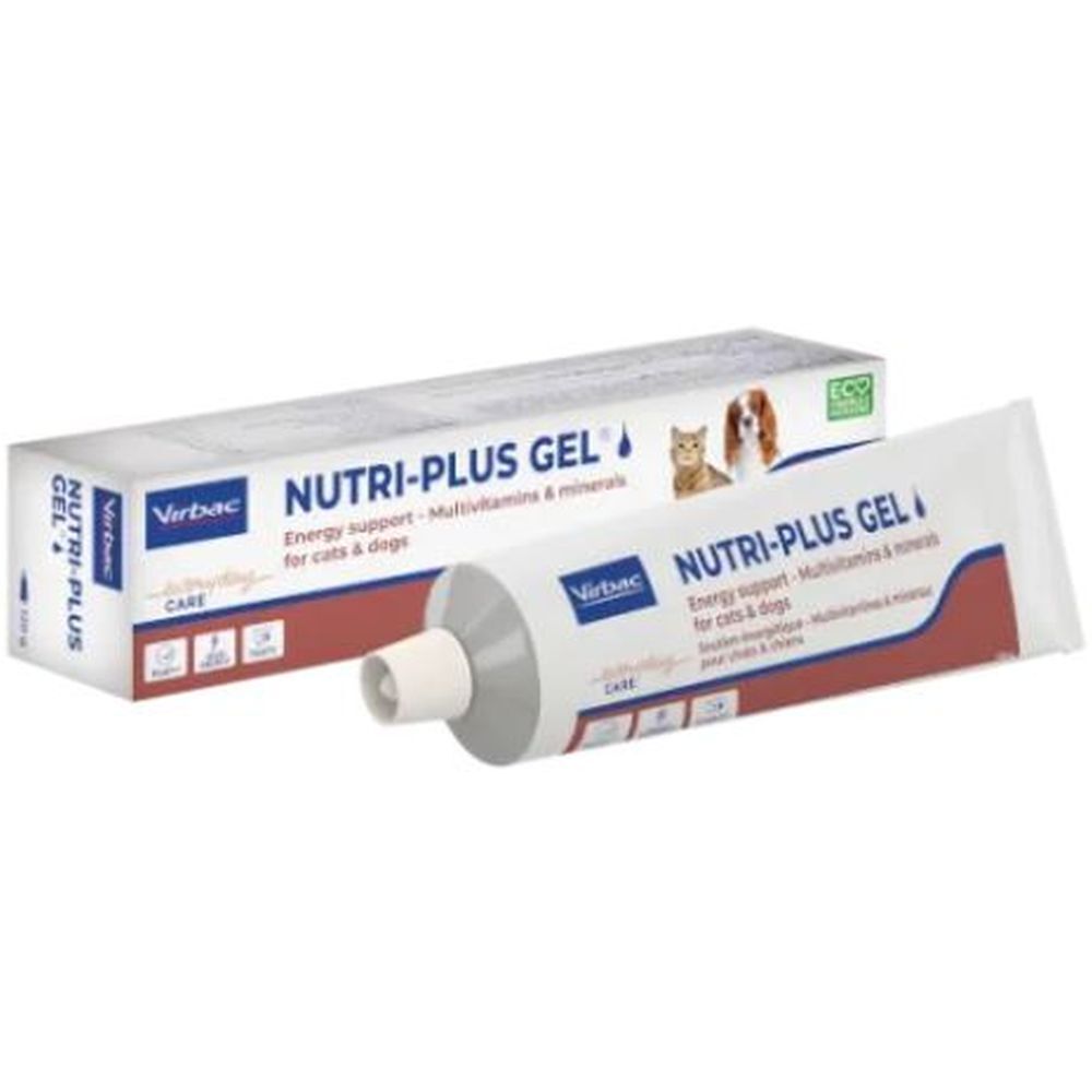 Tube und Verpackung von Virbac Nutri-Plus Gel. Aufschrift: Nutri-Plus Gel, Multivitamine & Mineralien für Katzen & Hunde.