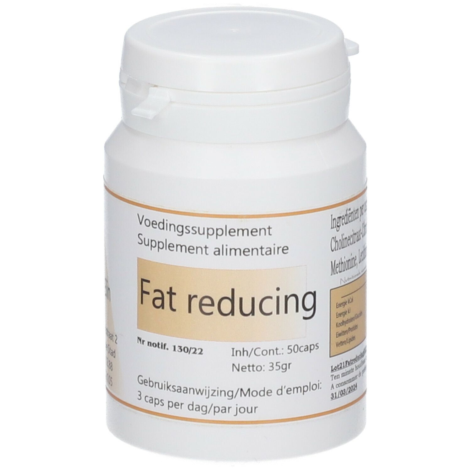 Flacon blanc avec "Fat reducing". Contient 50 capsules. Inscription: "3 caps per dag/par jour".