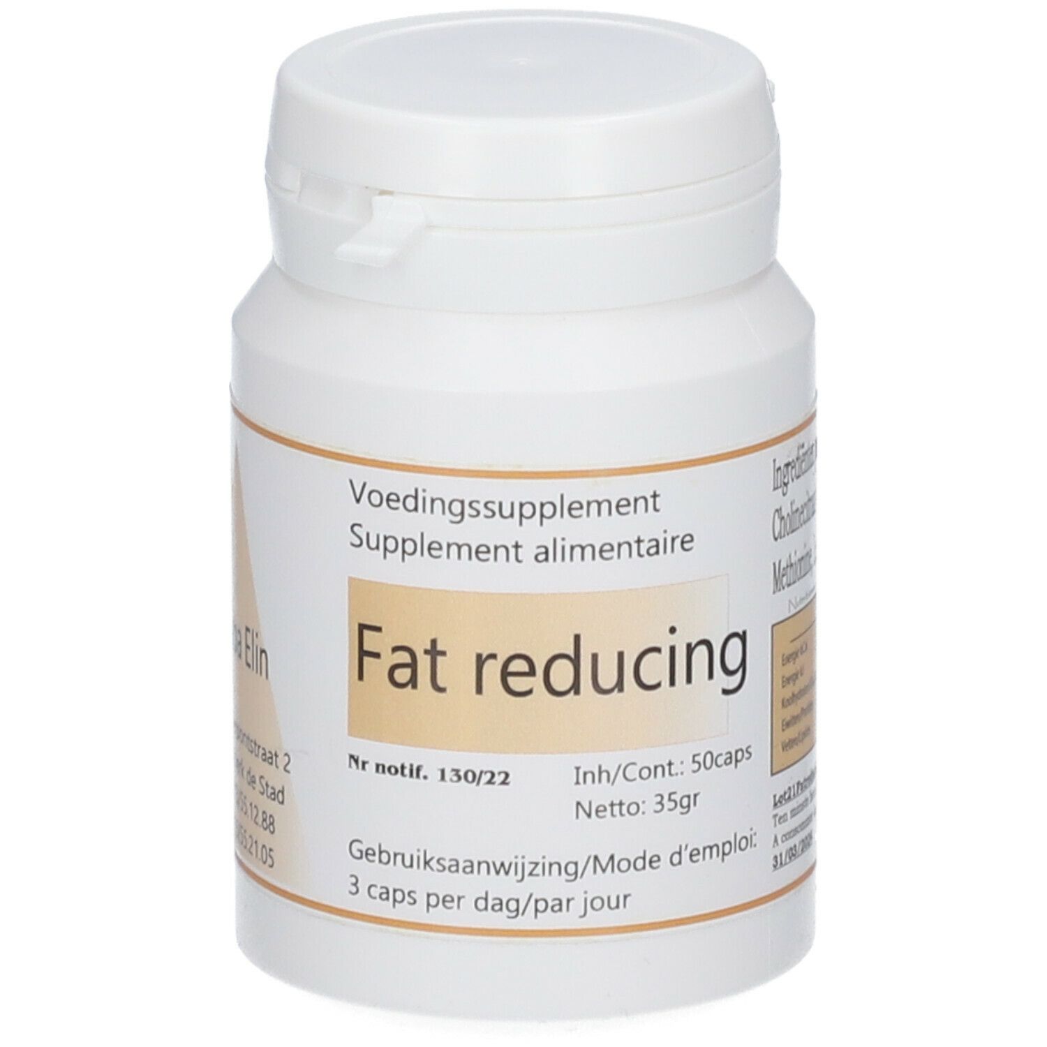 Flacon blanc avec "Fat reducing". Contient 50 capsules. Inscription: "3 caps per dag/par jour".