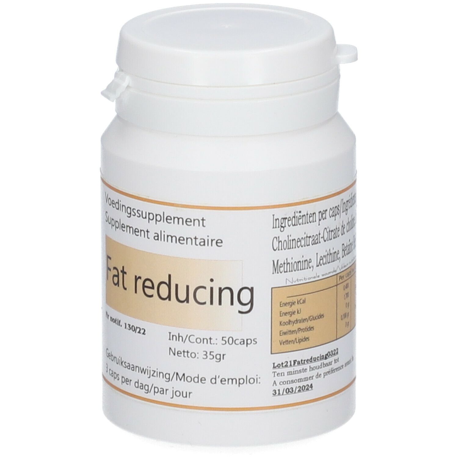Flacon blanc avec "Fat reducing". Contient 50 capsules. Inscription: "3 caps per dag/par jour".