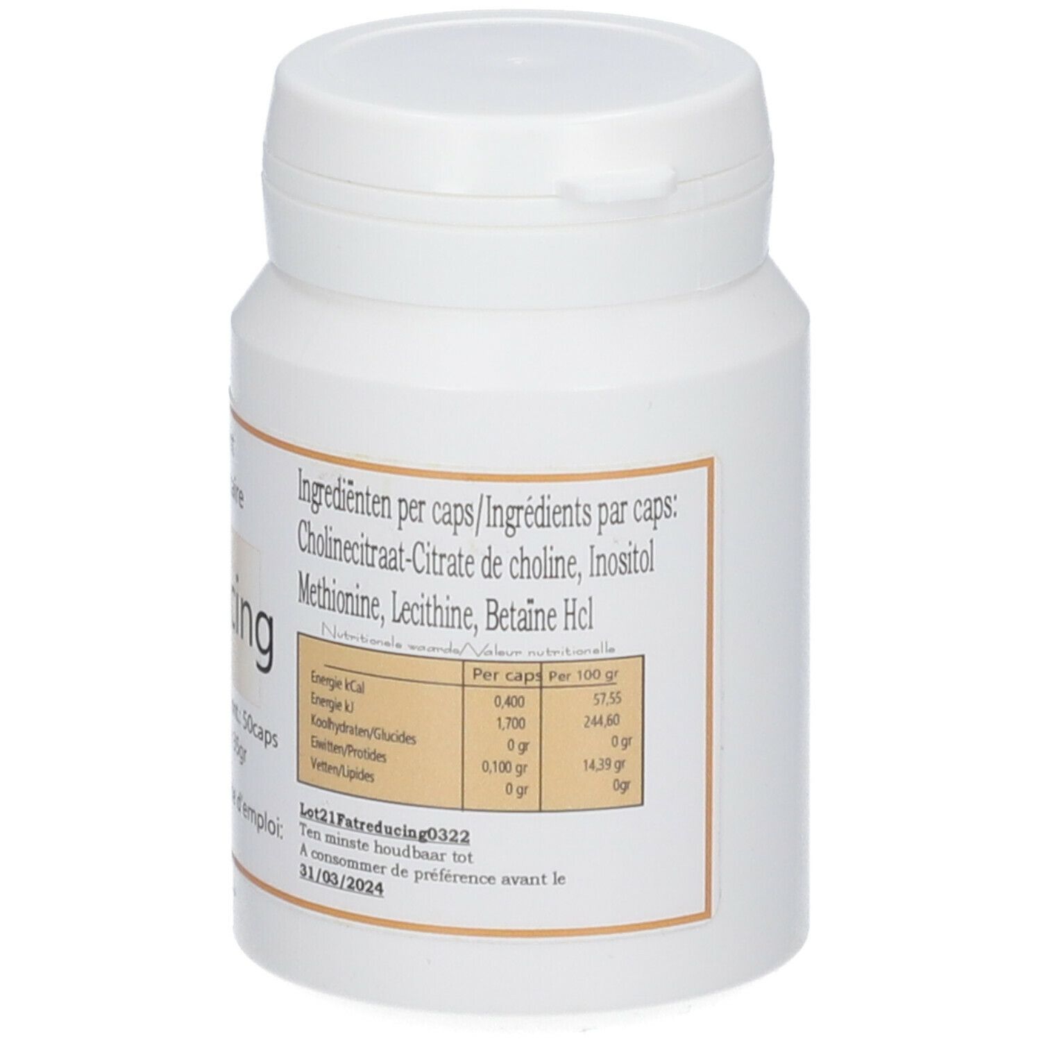 Flacon blanc avec étiquettes marron. Contient des informations sur les ingrédients et la valeur nutritionnelle.