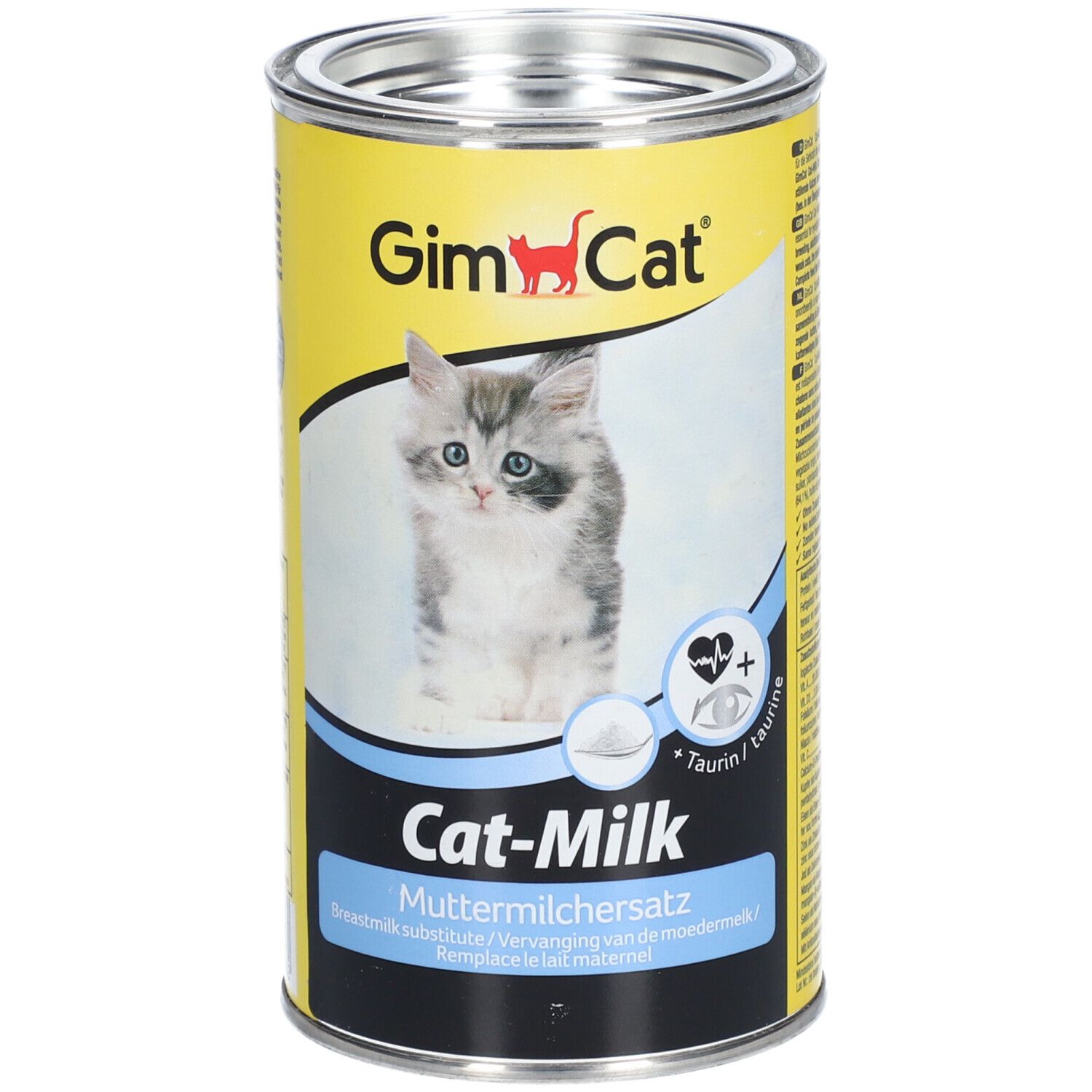 Gelbe Dose mit GimCat-Logo und Kätzchen-Abbildung. Aufschrift: Cat-Milk, Muttermilchersatz. Enthält Taurin.