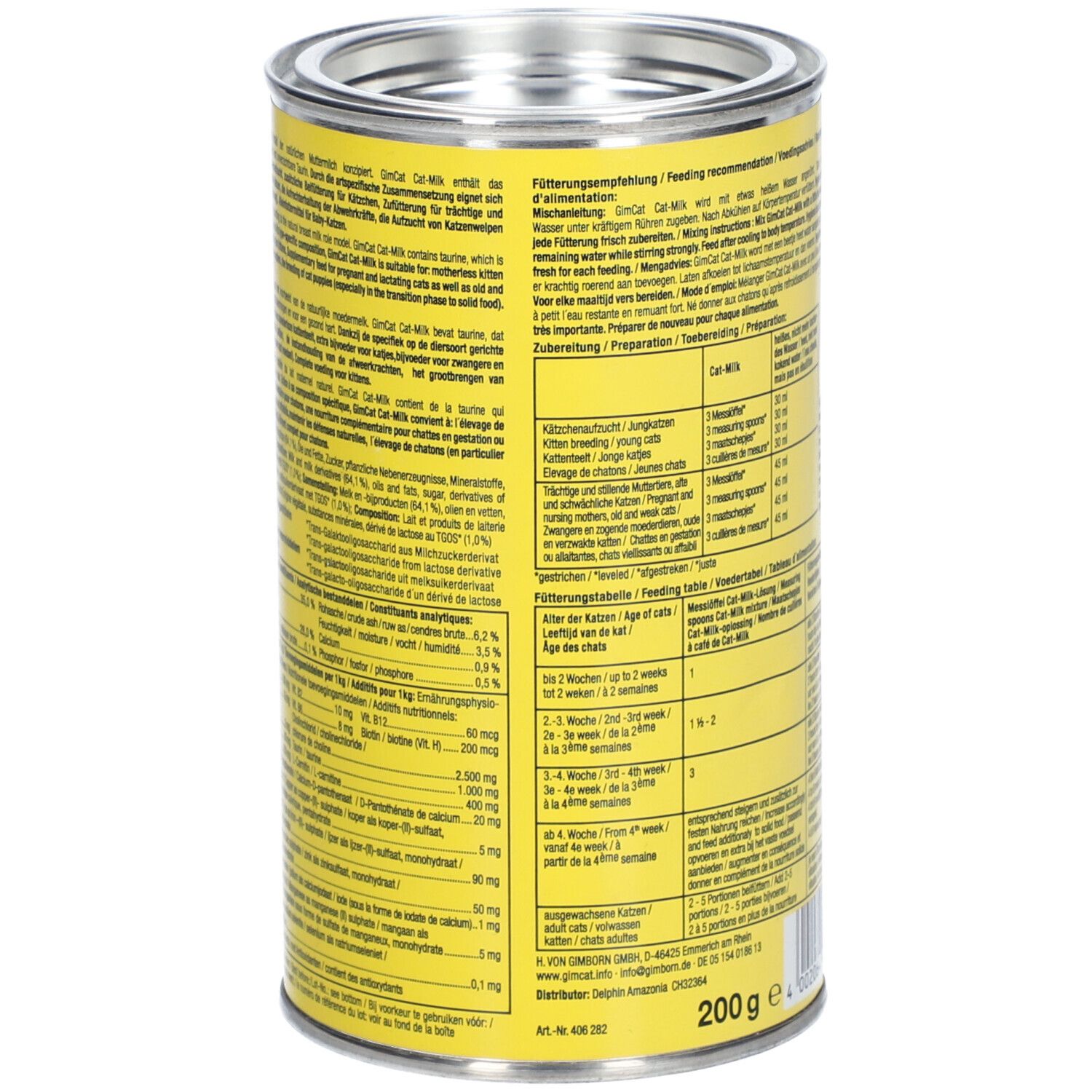 Rückseite der Dose mit Text. Enthält Fütterungsempfehlungen und Nährwertangaben. GimCat-Qualitätssiegel.