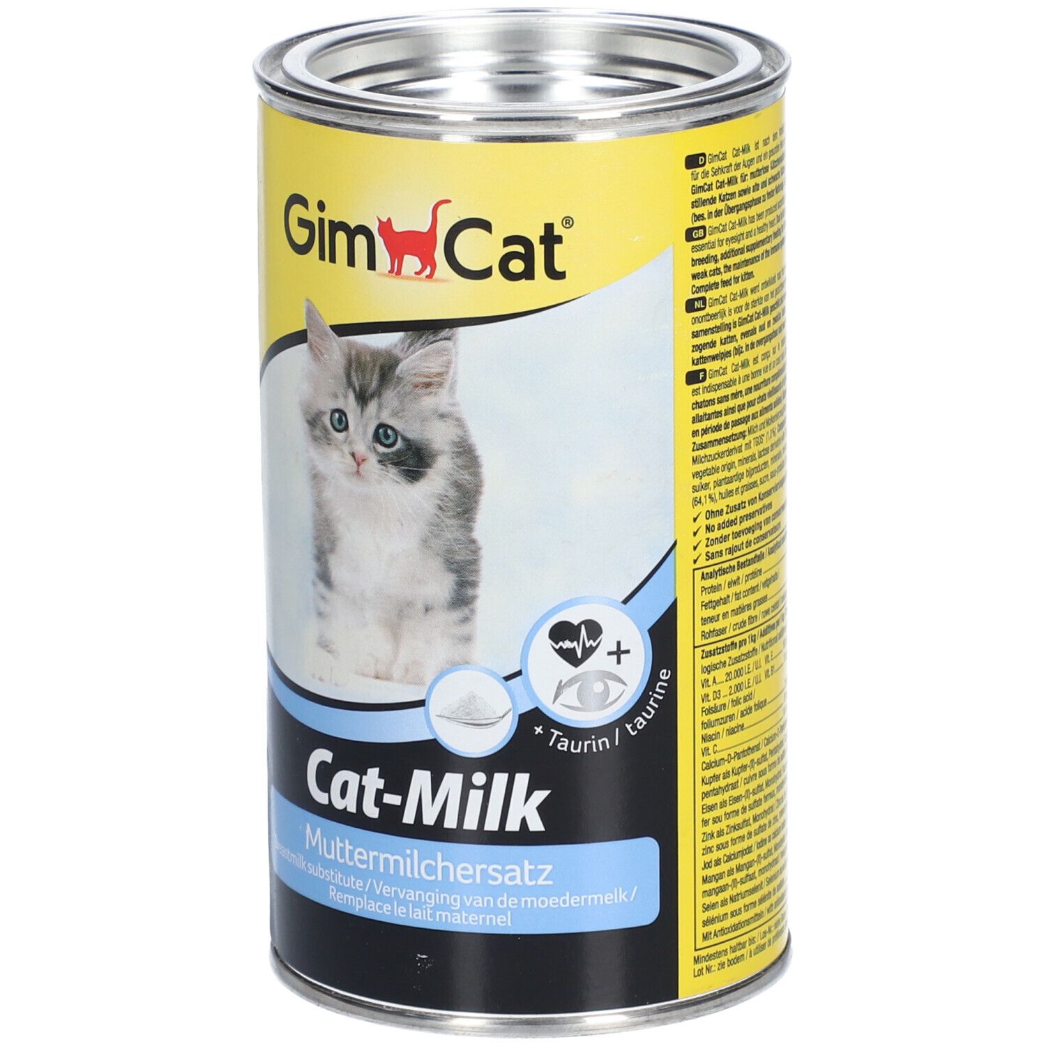 Gelbe Dose mit GimCat-Logo und Kätzchen-Abbildung. Aufschrift: Cat-Milk, Muttermilchersatz. Enthält Taurin.