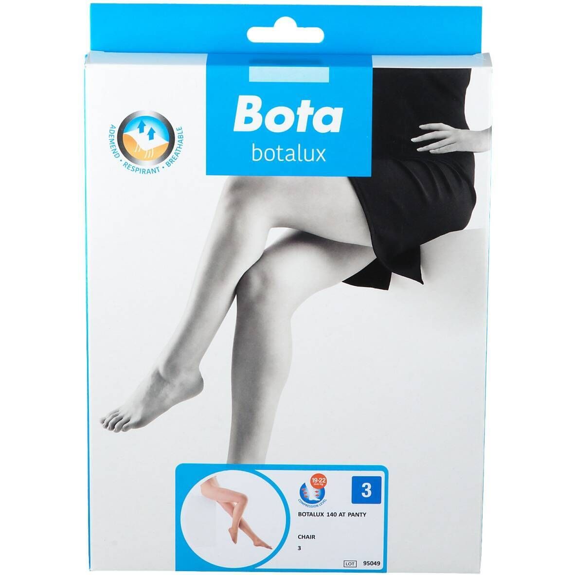 Verpakking met productafbeelding. Bota Botalux, maat 3, bedrukt. Logo met ademende eigenschappen.