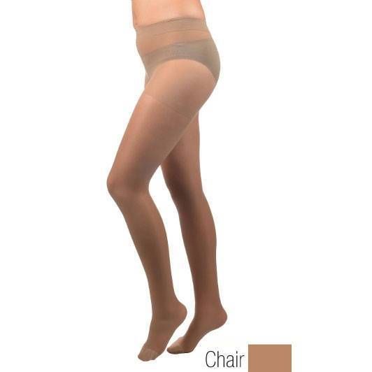 Bas de maintien couleur chair. Vue latérale d'une personne portant le produit. La ceinture est visible.