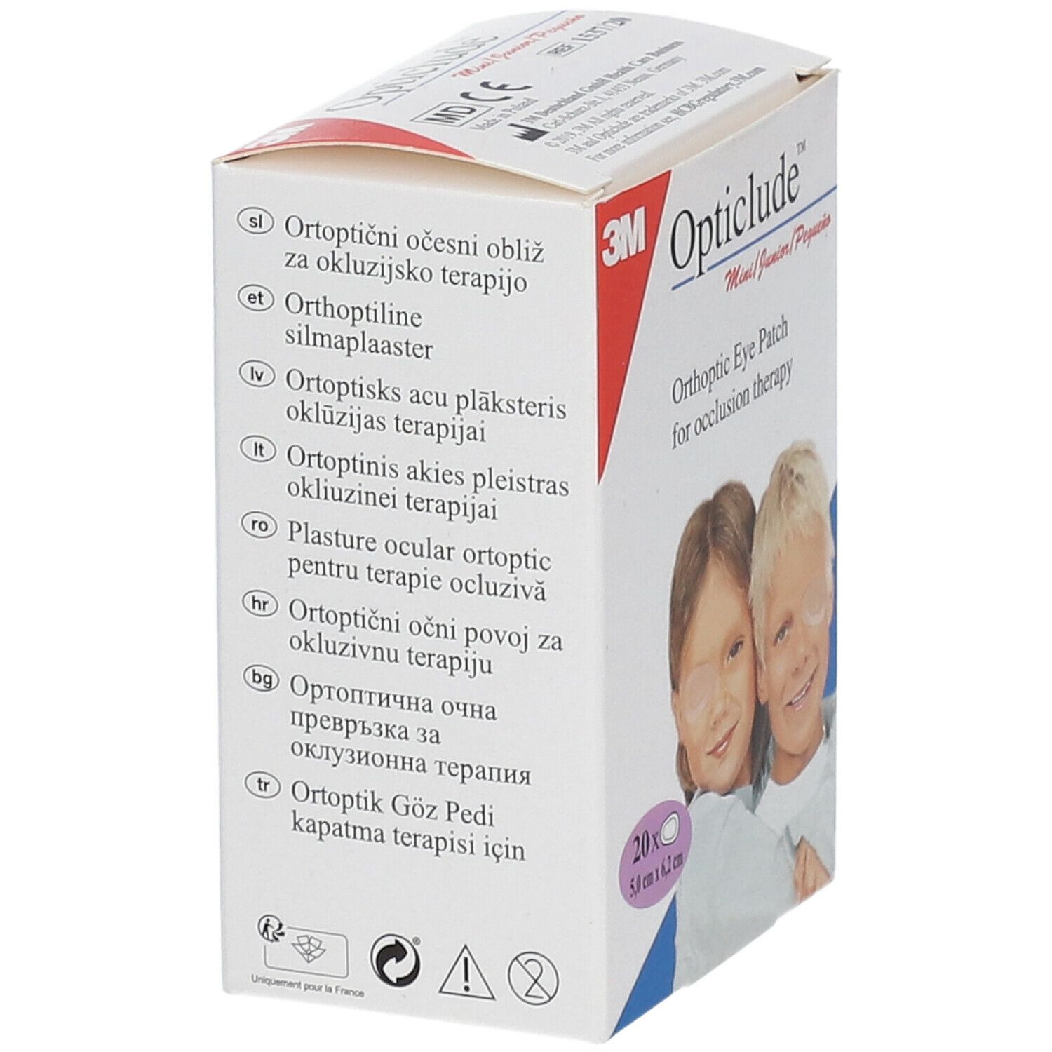 Emballage avec texte multilingue. Inscription: Opticlude Mini Junior. Contient 20 pansements oculaires. Taille: 5,0 x 6,2 cm.