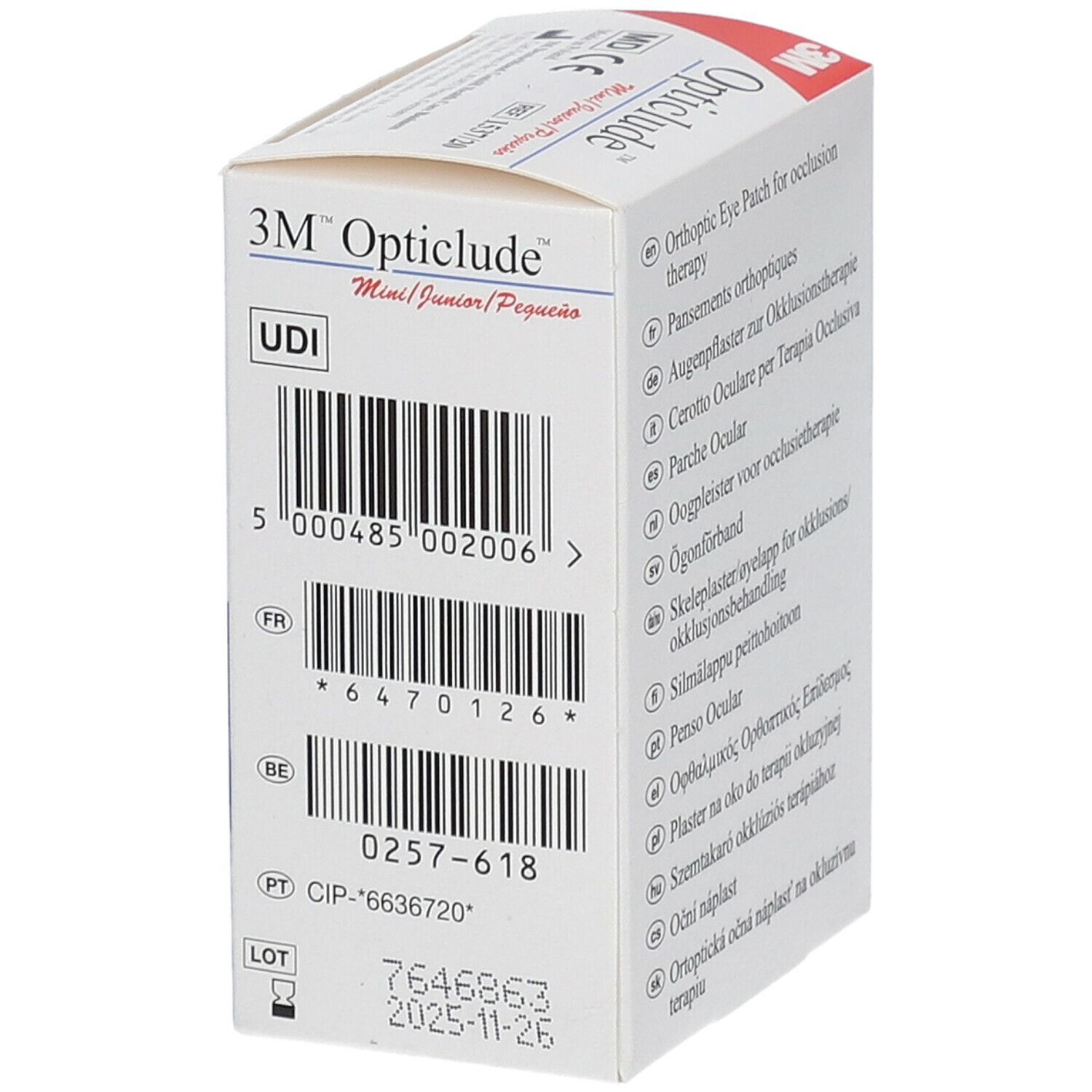 Emballage avec code-barres et informations produit. Inscription: Opticlude Mini Junior. Contient 20 pansements oculaires. Taille: 5,0 x 6,2 cm.