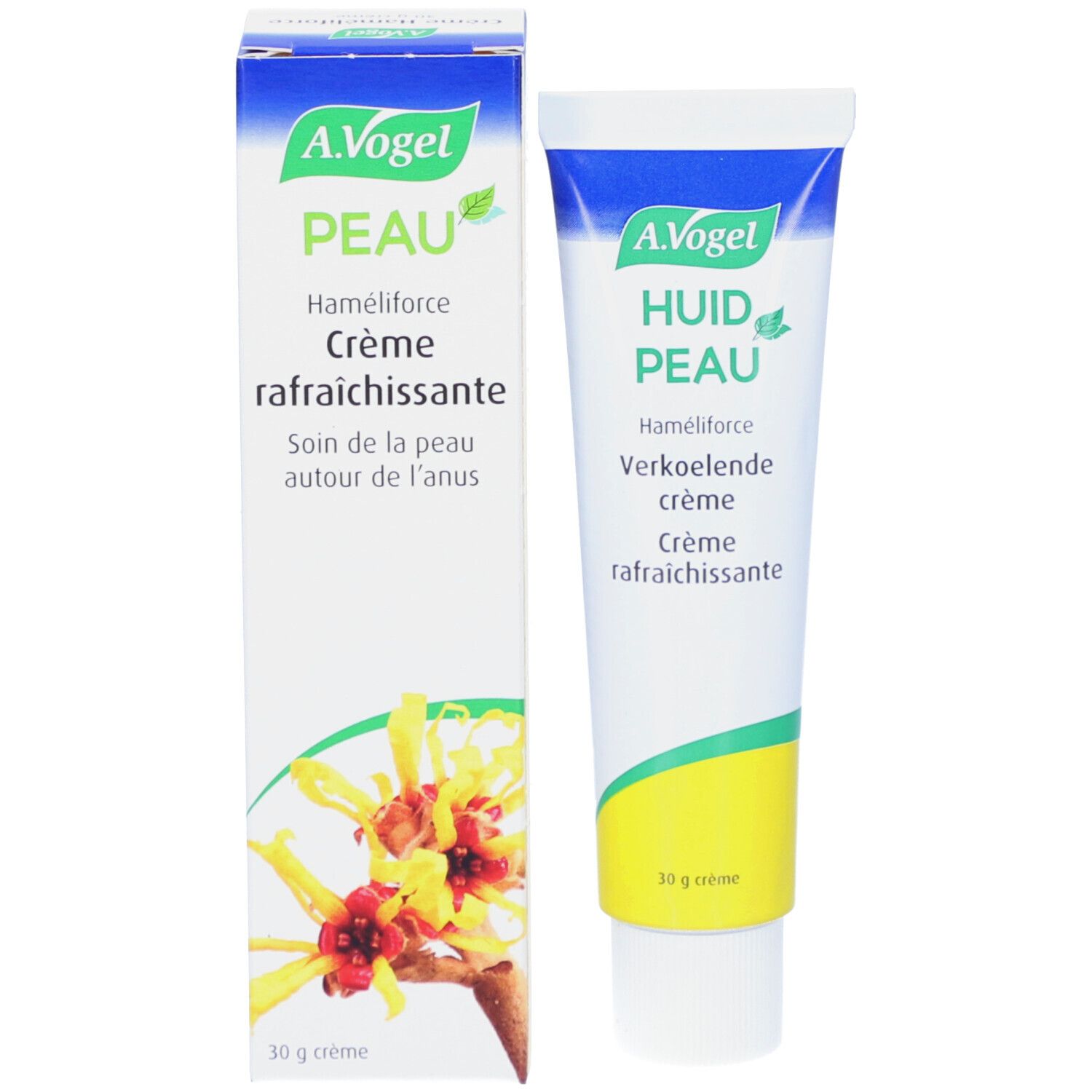 Emballage du produit : tube et boîte. A.Vogel, Peau, Hameliforce, crème rafraîchissante. 30 g. Illustration d'une plante.