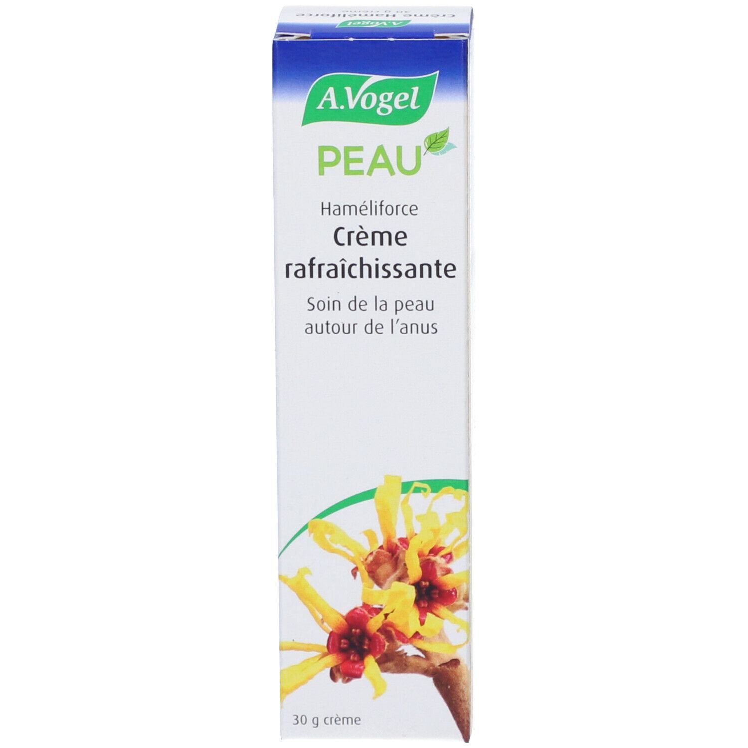 Boîte, blanche, bleue et verte. A.Vogel, Peau, Hameliforce, crème rafraîchissante. 30 g. Illustration d'une plante.