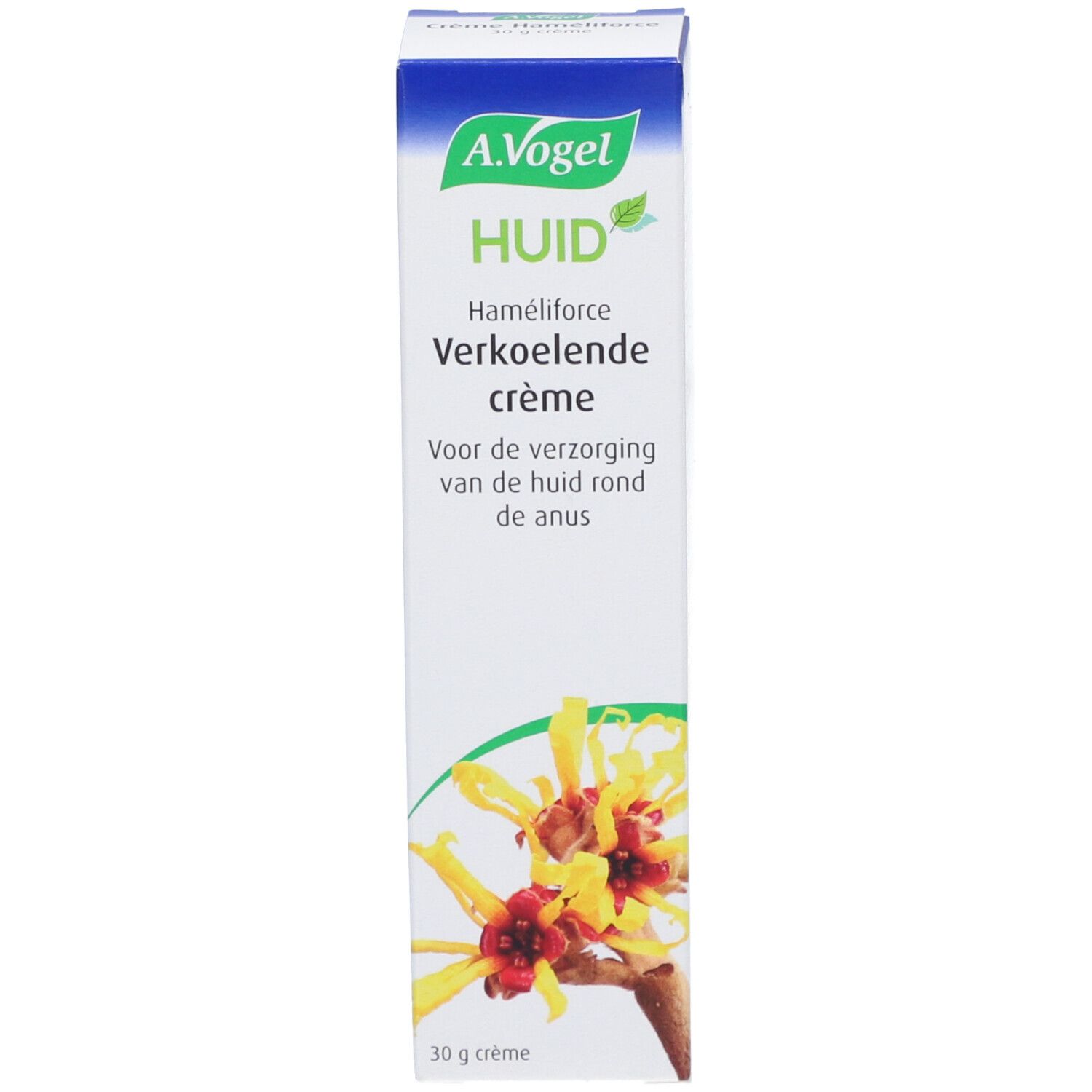 Boîte, blanche, bleue et verte. A.Vogel, Huid/Peau, Hameliforce, crème rafraîchissante. 30 g. Illustration d'une plante.
