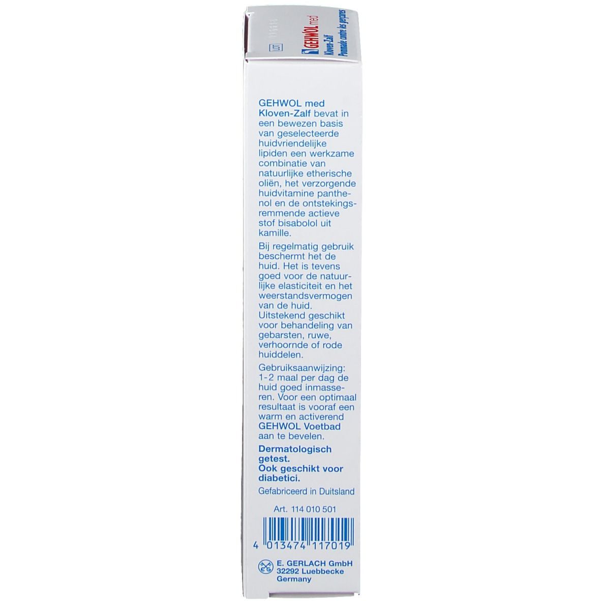 Produktverpackung. Text in Deutsch und Niederländisch. Weißer Hintergrund. Produktinformationen.