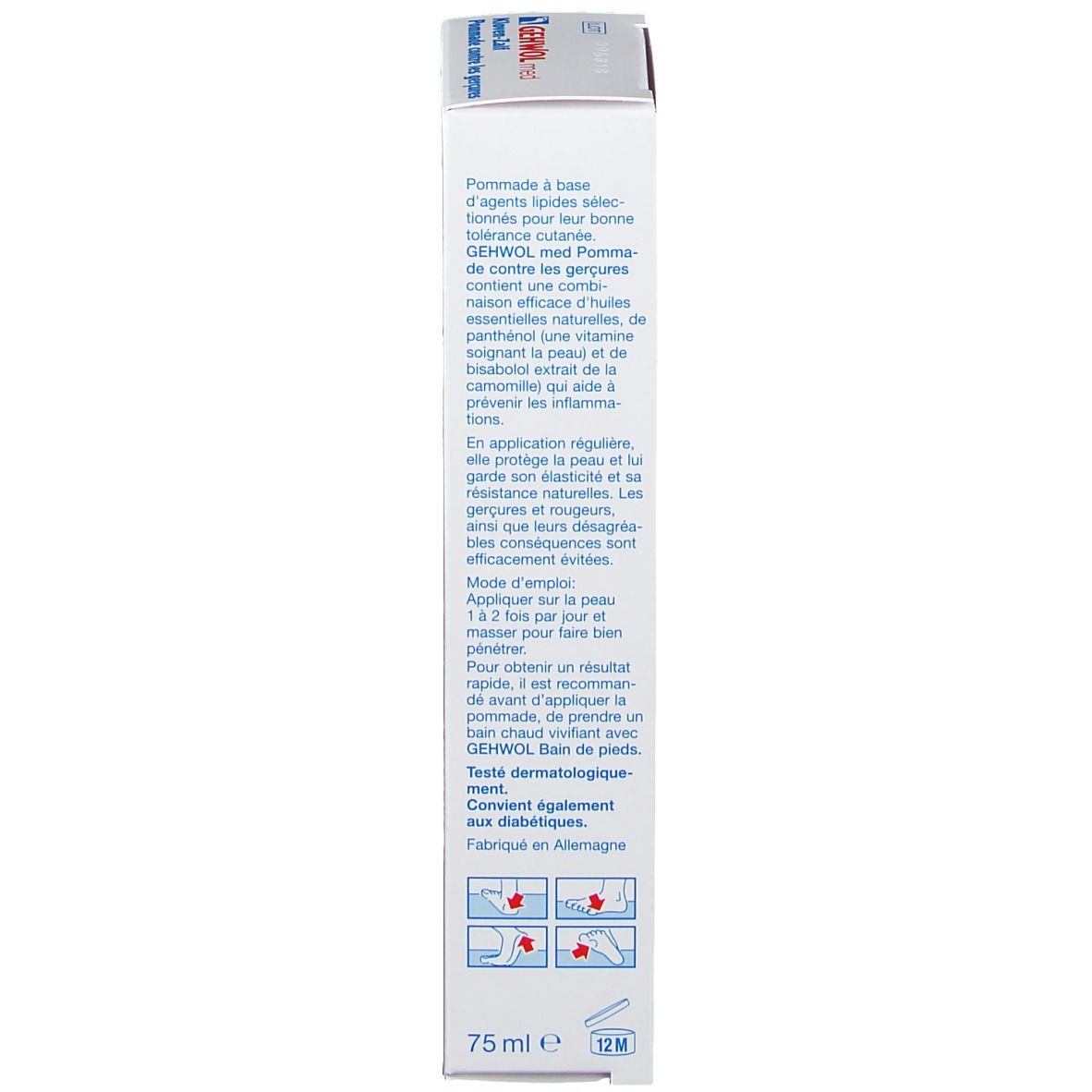Produktverpackung. Text in Französisch. Weißer Hintergrund. Produktinformationen und Anwendungshinweise.