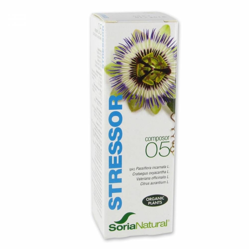 Boîte en carton avec motif floral. Inscriptions STRESSOR, Composor 05, Soria Natural et Organic Plants. Contient des extraits de plantes.