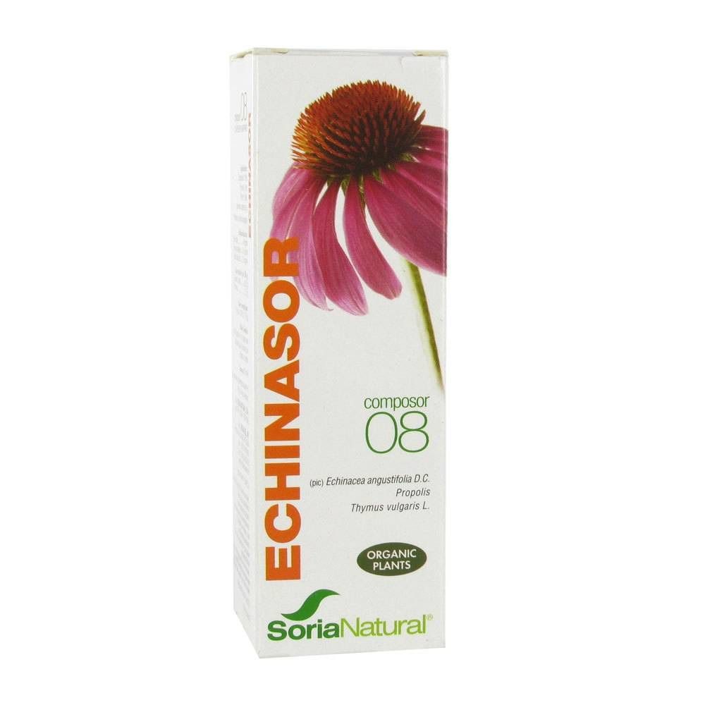 Boîte en carton avec le nom ECHINASOR. Illustration d'une fleur violette. Inscriptions : Composor 08, Organic Plants et Soria Natural.