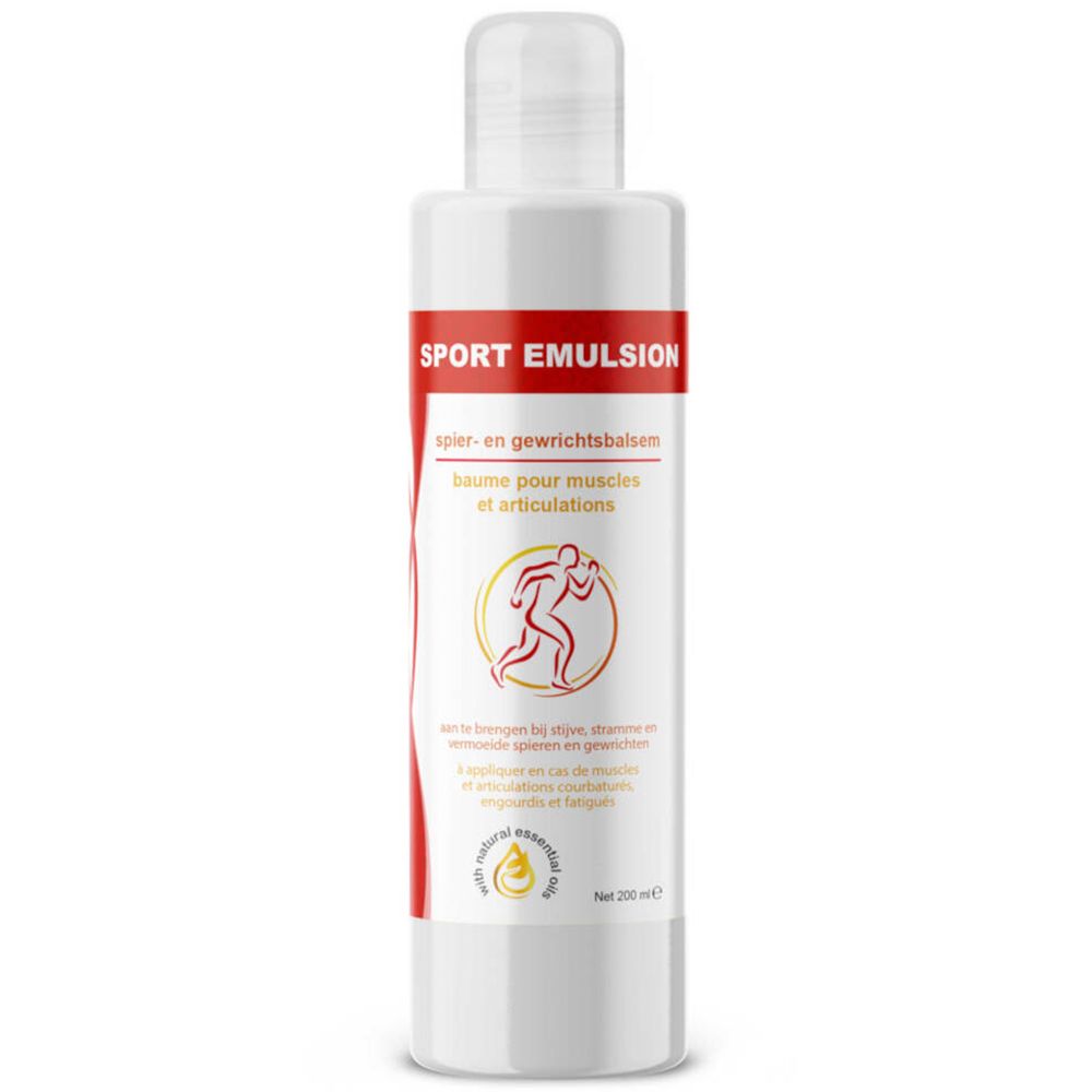Flacon blanc avec inscription rouge SPORT EMULSION. Illustration d'un coureur. Contient des huiles essentielles.