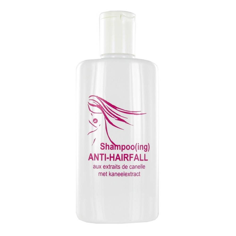 Weiße Shampoo-Flasche mit Klappverschluss. Aufdruck: Frau mit wehenden Haaren, Schriftzug ANTI-HAIRFALL und weitere Produktinformationen.
