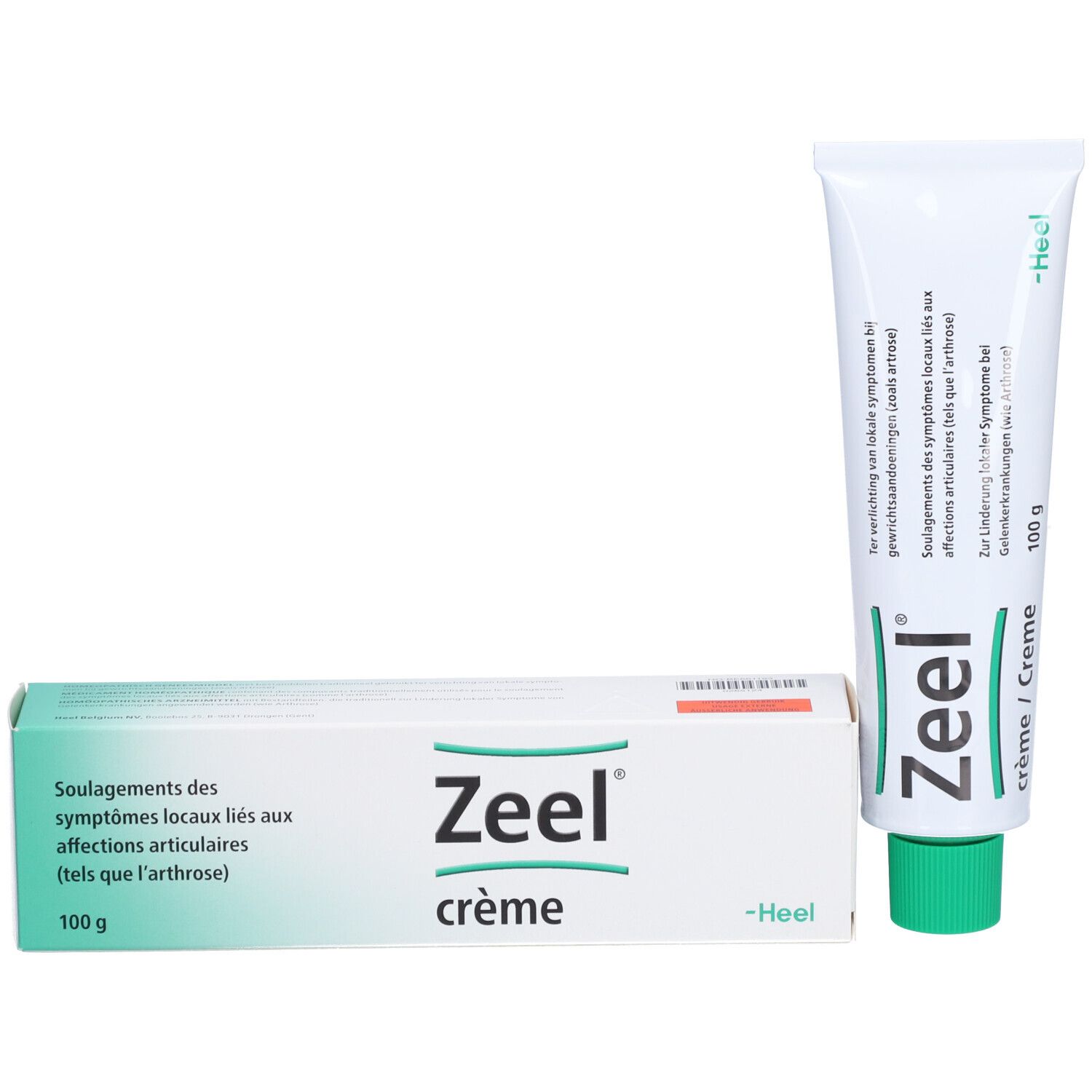 Boîte et tube Zeel Crème. Boîte avec texte en allemand, français et néerlandais. Tube à côté.