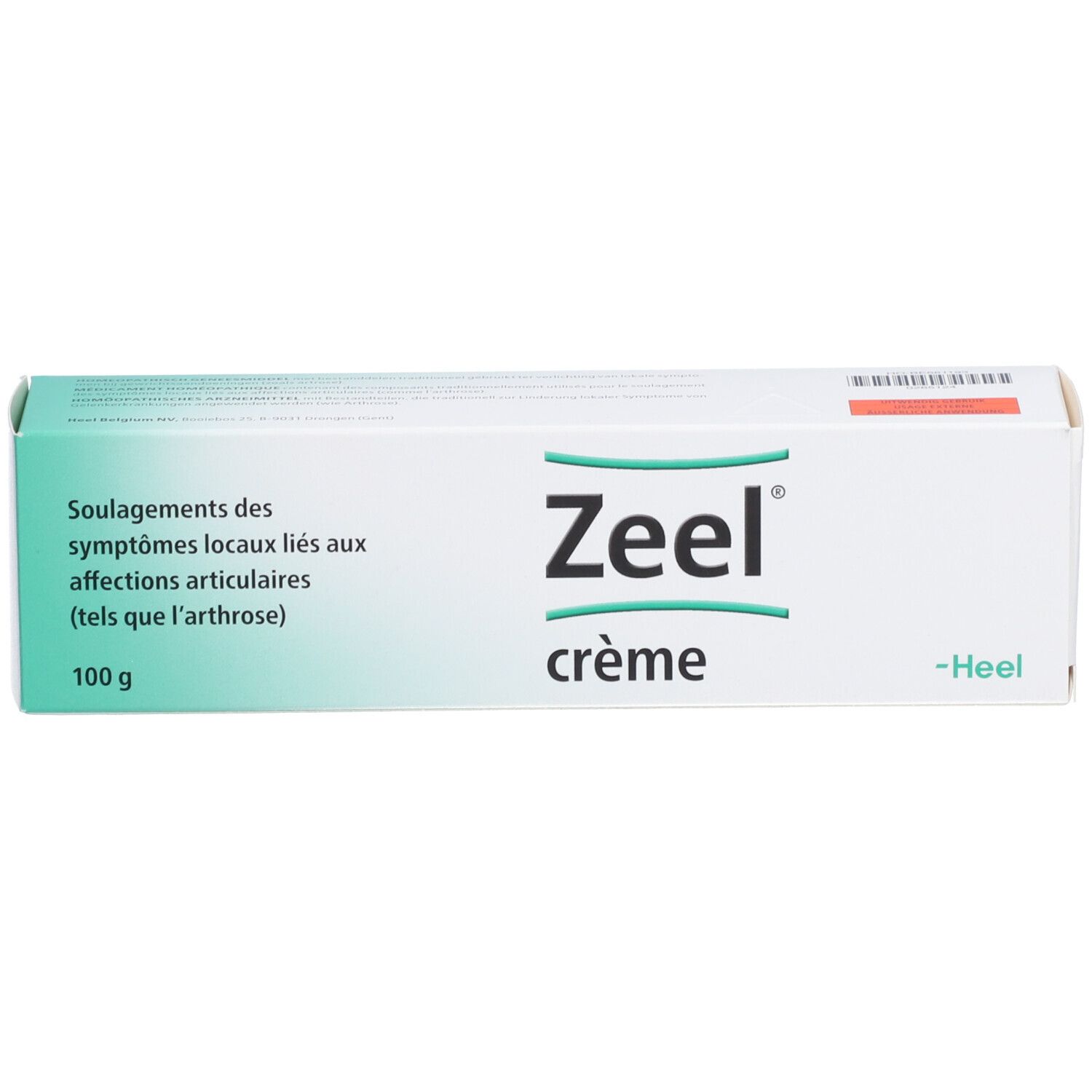 Boîte blanche avec des accents verts. Inscription : Zeel Crème. Texte en allemand, français et néerlandais.