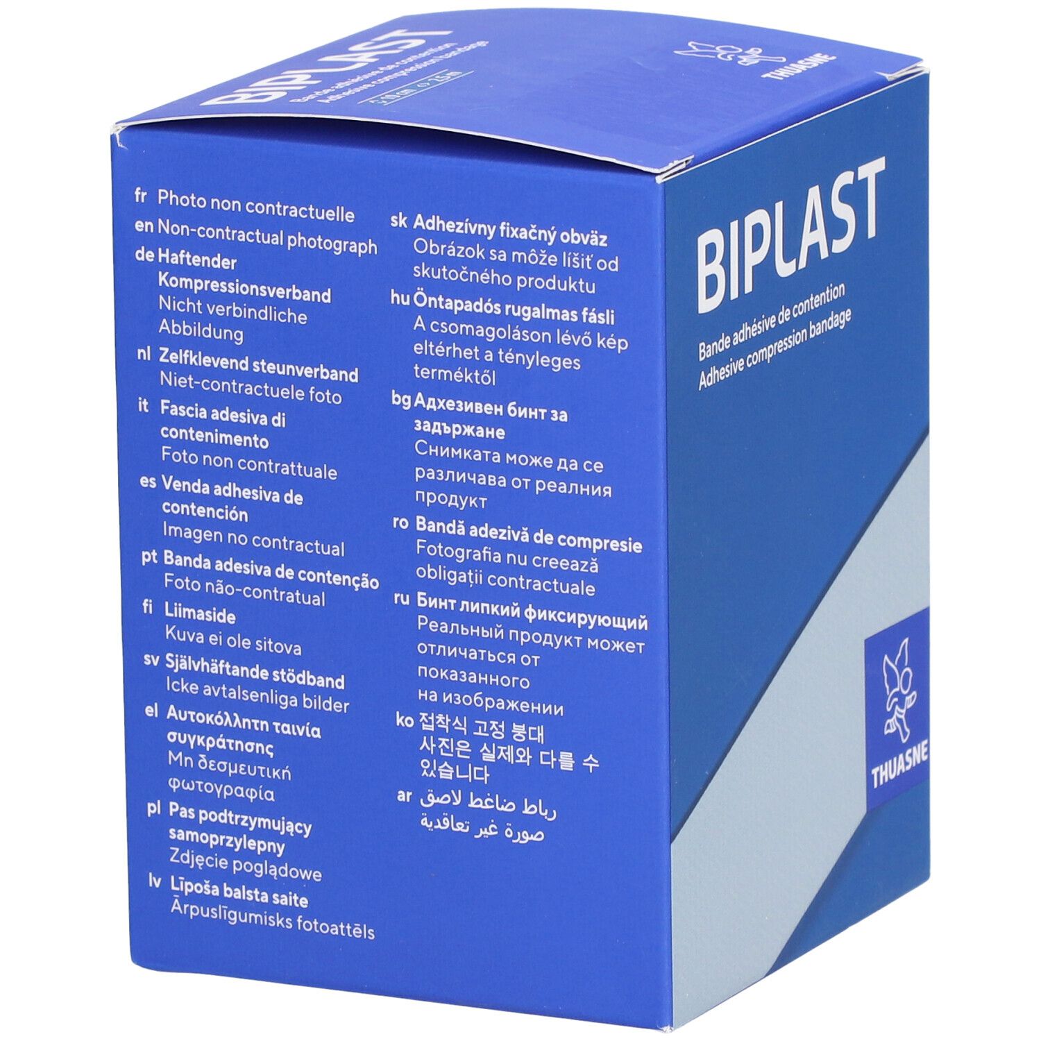 Boîte bleue avec texte multilingue. BIOPLAST. Logo THUASNE.
