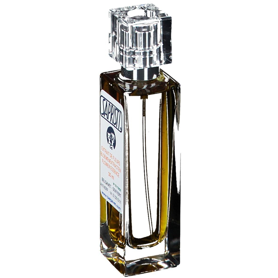 Flacon de parfum avec bouchon carré. Étiquette avec nom et texte du produit. Liquide ambré.
