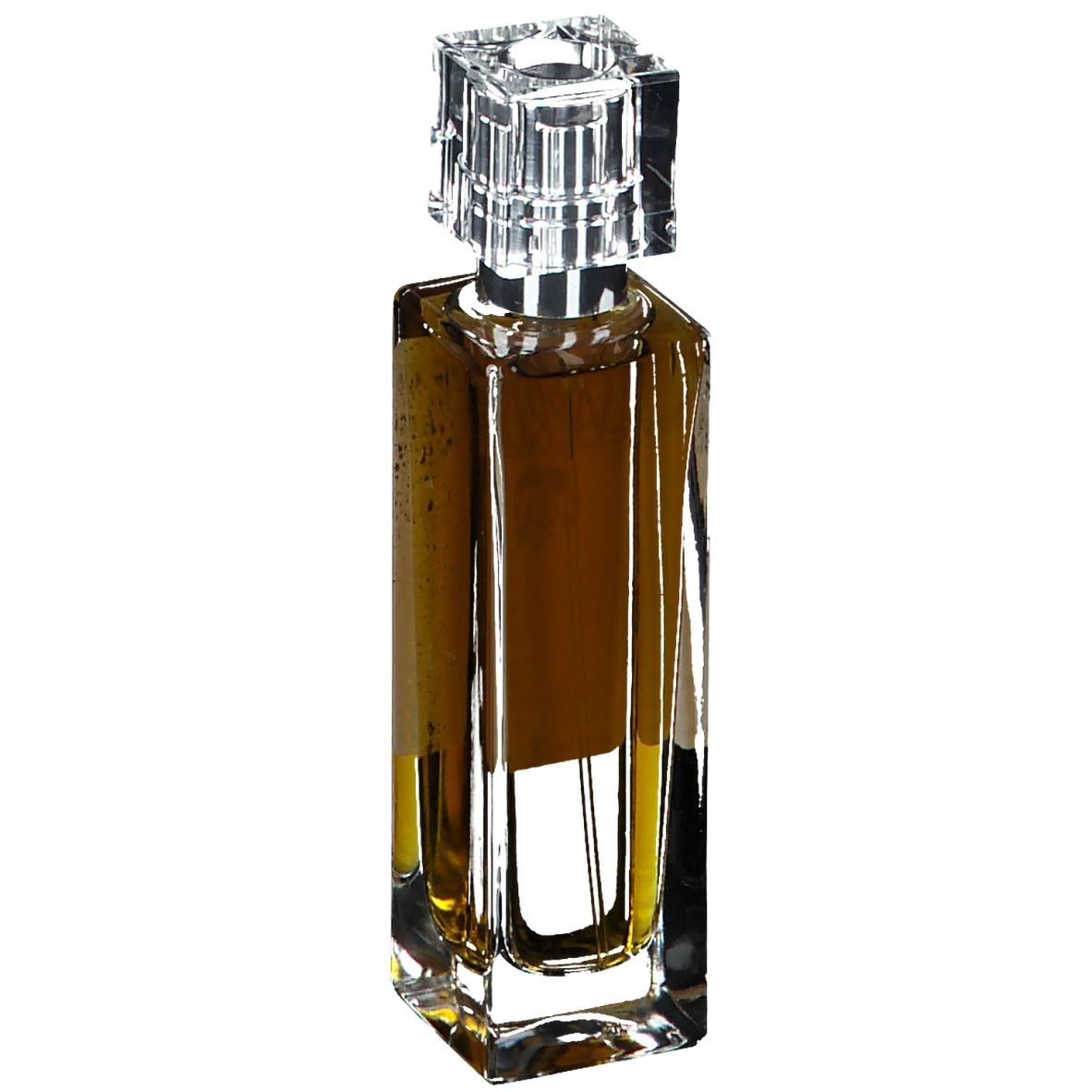 Flacon de parfum avec bouchon carré. Liquide ambré. Récipient en verre transparent.
