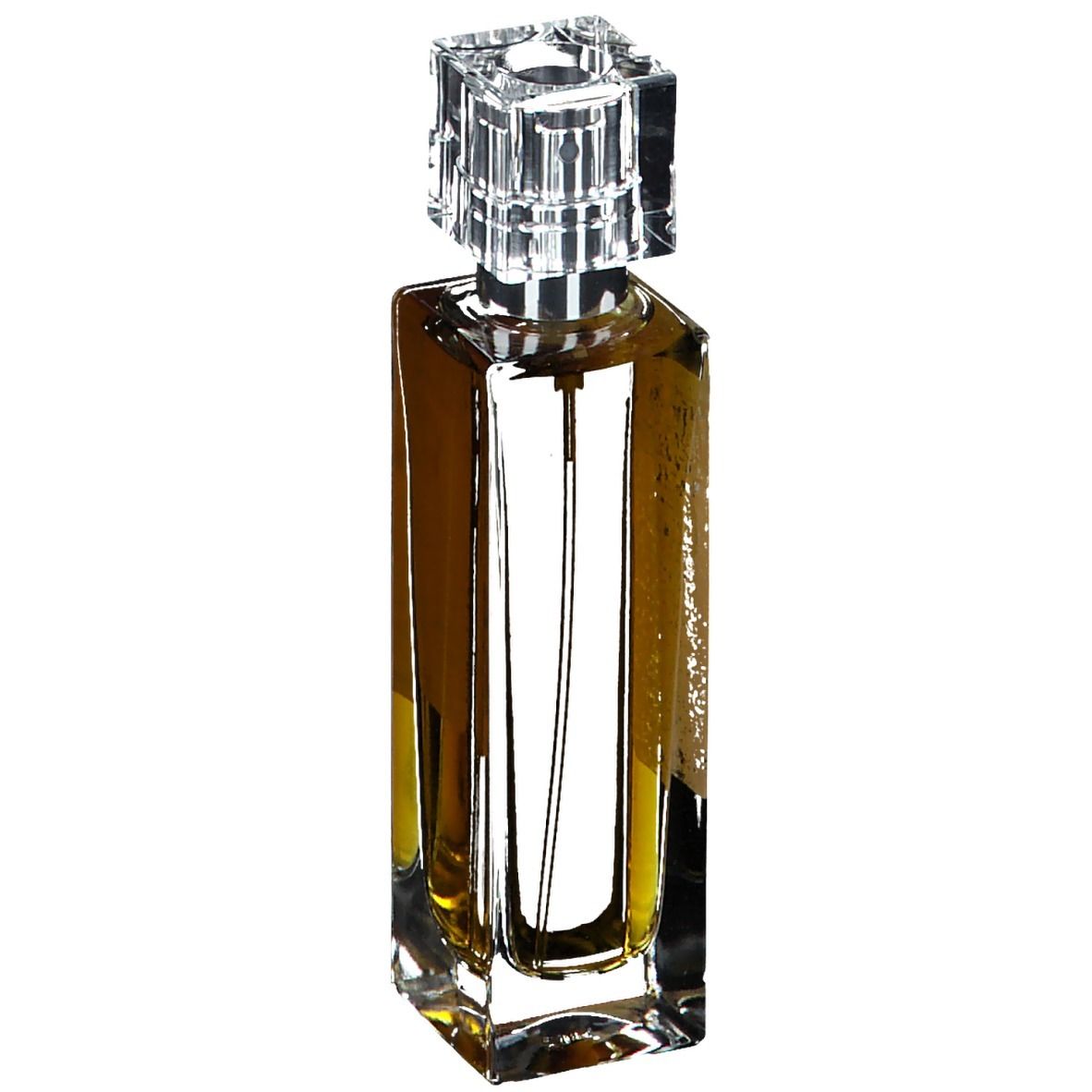 Flacon de parfum avec bouchon carré. Liquide ambré. Récipient en verre transparent.