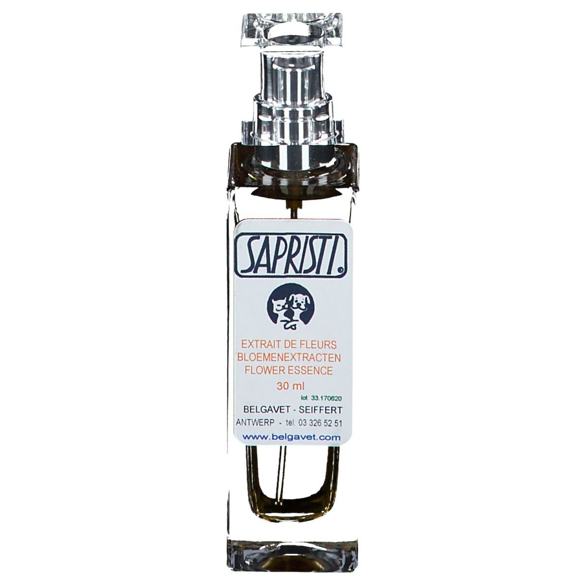 Flacon de parfum avec bouchon carré. Étiquette avec nom et texte du produit. Liquide ambré.