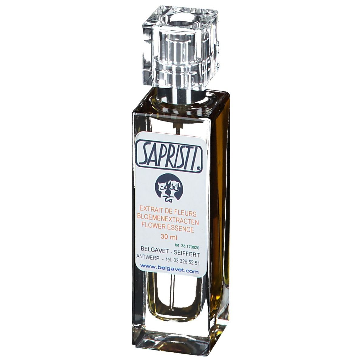 Flacon de parfum avec bouchon carré. Étiquette avec nom et texte du produit. Liquide ambré.