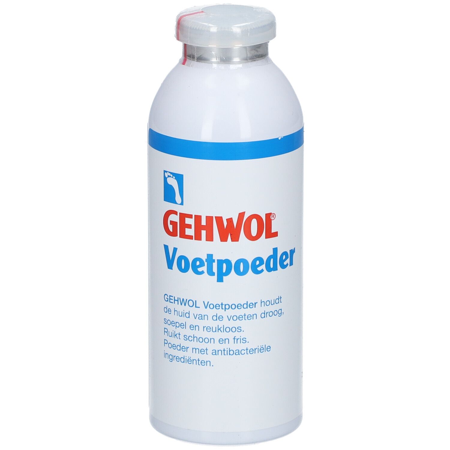 Flacon blanc avec bande bleue et texte rouge. Contient de la poudre pour les pieds. Marque : Gehwol.