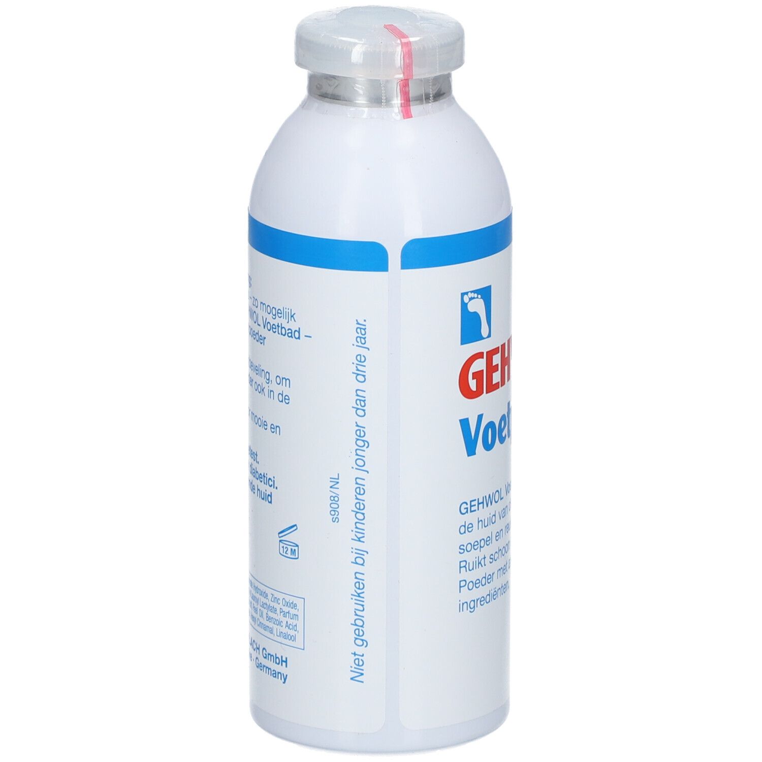 Flacon blanc avec bande bleue et texte rouge. Contient de la poudre pour les pieds. Marque : Gehwol.