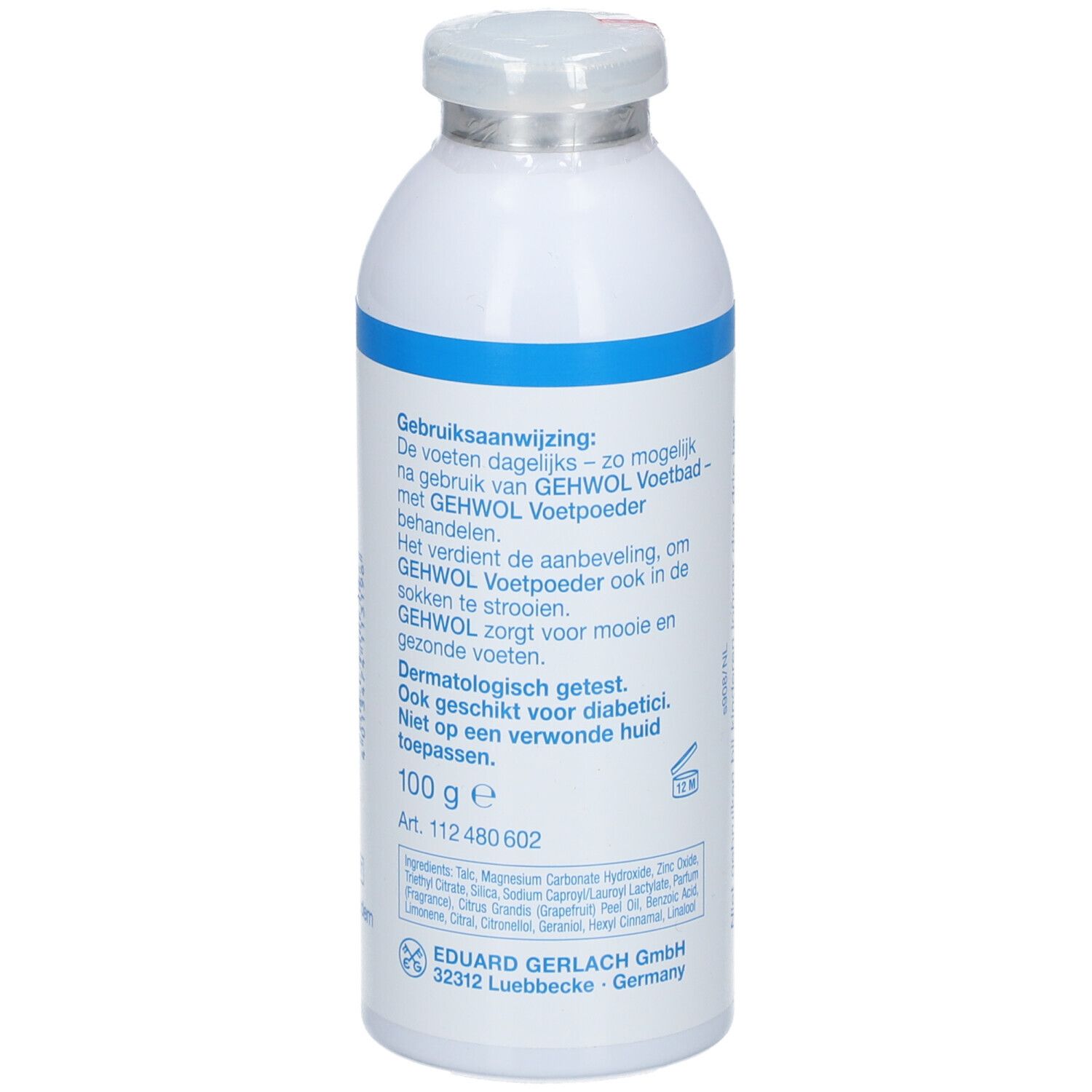 Flacon blanc avec bande bleue et texte rouge. Contient de la poudre pour les pieds. Marque : Gehwol.