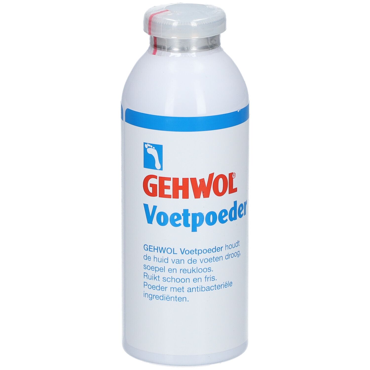 Flacon blanc avec bande bleue et texte rouge. Contient de la poudre pour les pieds. Marque : Gehwol.
